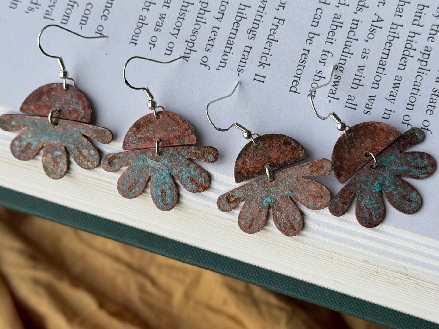 Handmade flower earrings. Rustic earrings, unusual earrings, unusual gift for her, blue earrings, boho earrings, leaf jewellery, hippy gift