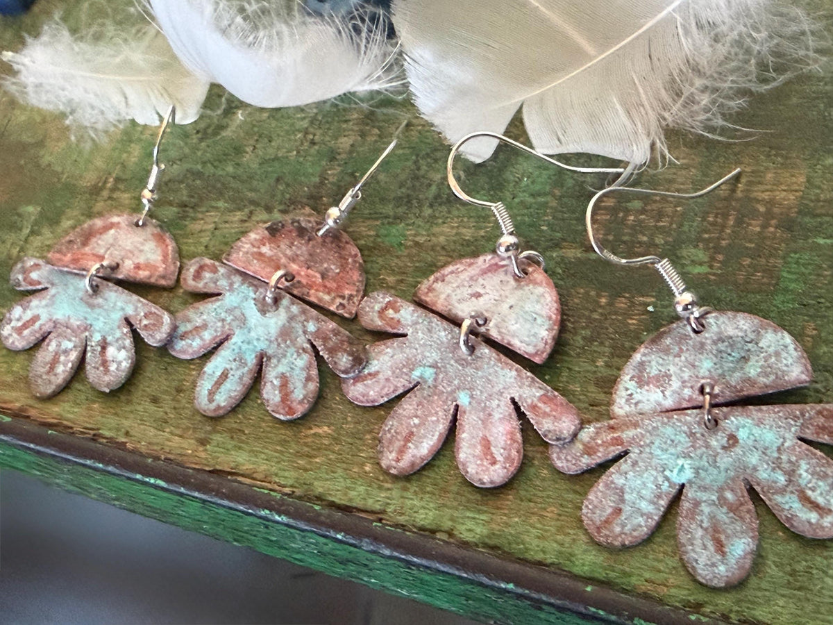 Handmade flower earrings. Rustic earrings, unusual earrings, unusual gift for her, blue earrings, boho earrings, leaf jewellery, hippy gift