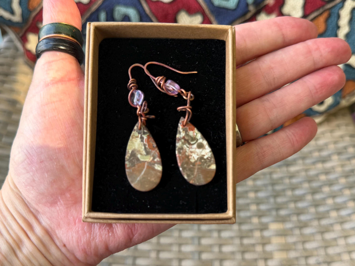 Picasso jasper gemstone earrings. Ethical jewellery, orange gemstone earrings. Stunning unique jewellery. Eco friendly unique earrings.
