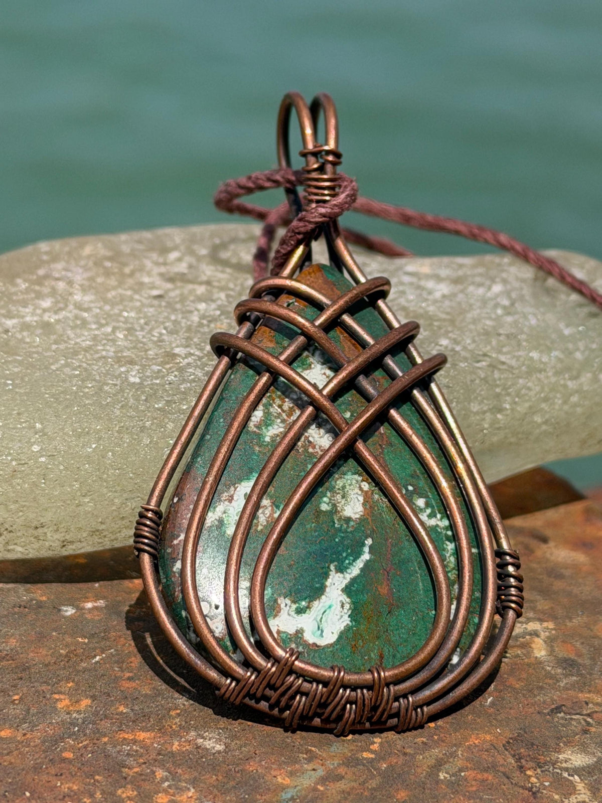 Eco friendly handmade necklace made from ethical Jasper & naturally weathered recycled copper. Ethical jewellery. Unique handmade jewellery.