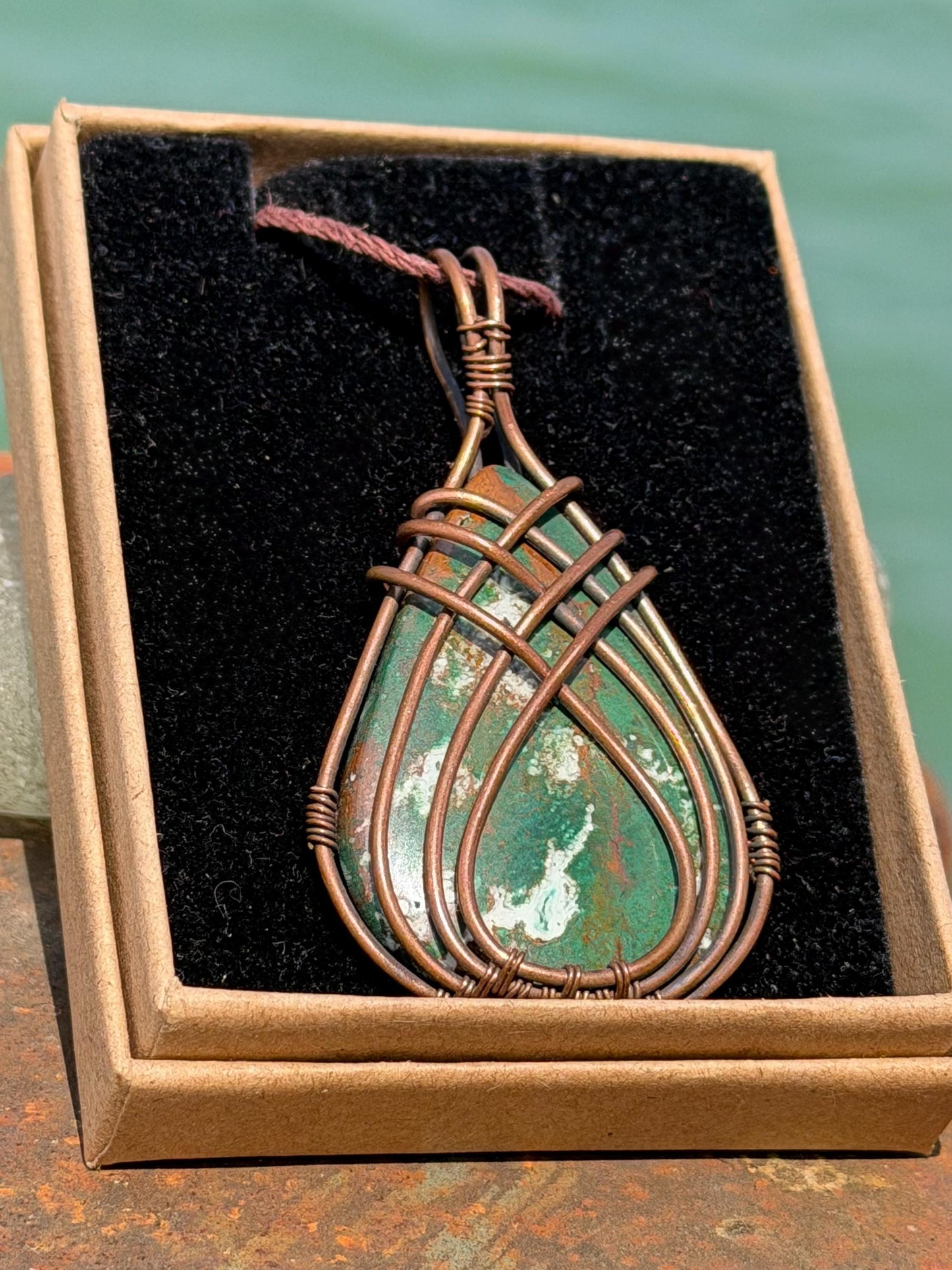 Eco friendly handmade necklace made from ethical Jasper & naturally weathered recycled copper. Ethical jewellery. Unique handmade jewellery.