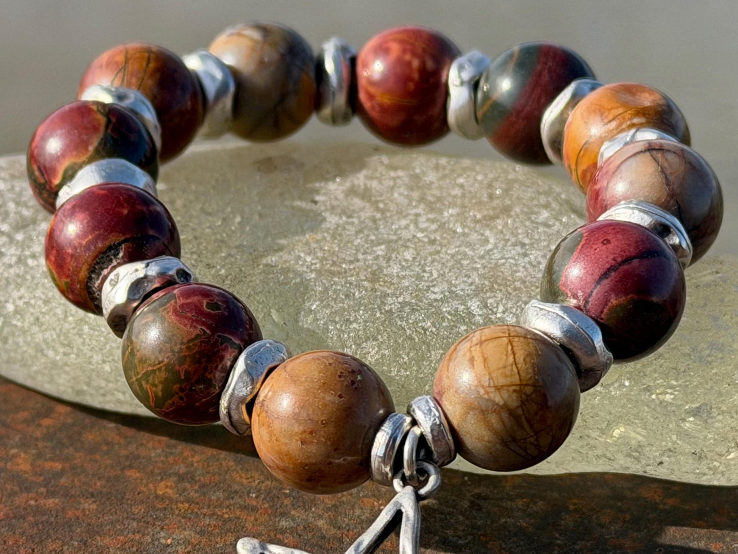 Picasso jasper gemstone bracelet. Rusty reds, oranges and greens. Ethical jewellery, handmade unique jewellery. Earrhy orange bracelet.