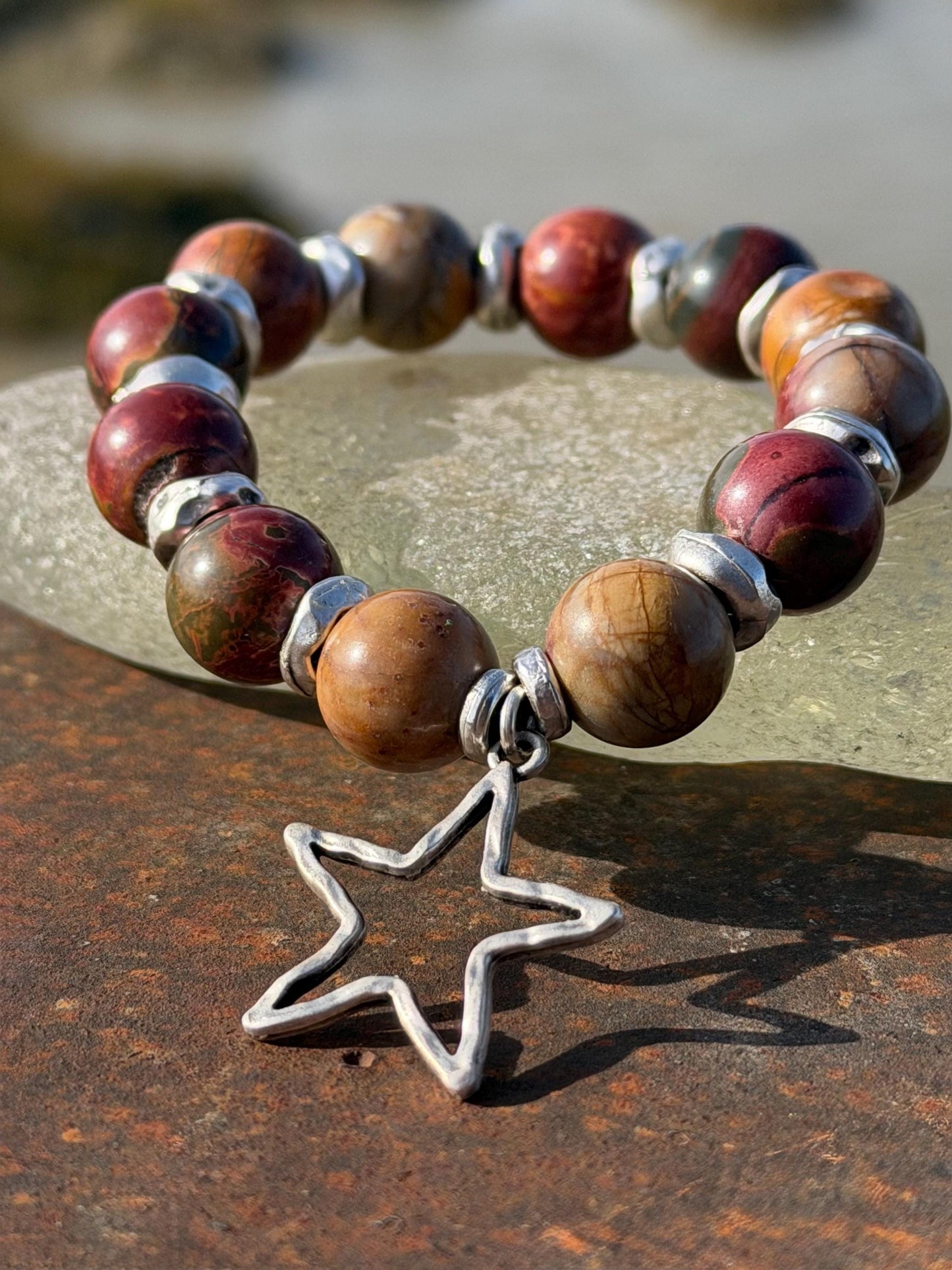 Picasso jasper gemstone bracelet. Rusty reds, oranges and greens. Ethical jewellery, handmade unique jewellery. Earrhy orange bracelet.