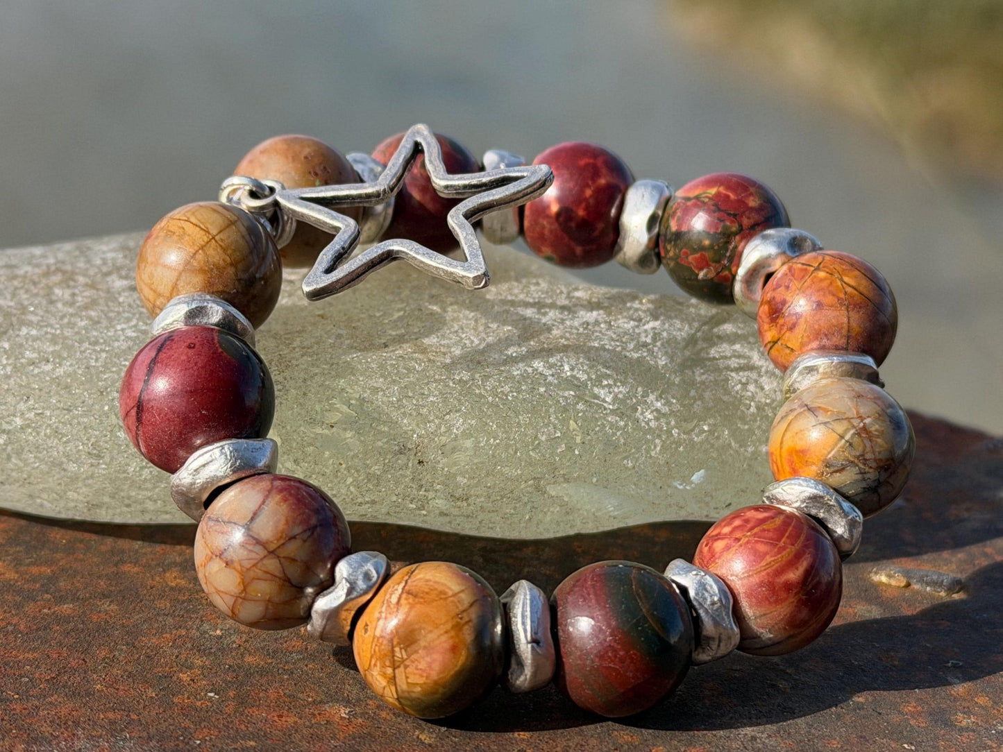 Picasso jasper gemstone bracelet. Rusty reds, oranges and greens. Ethical jewellery, handmade unique jewellery. Earrhy orange bracelet.