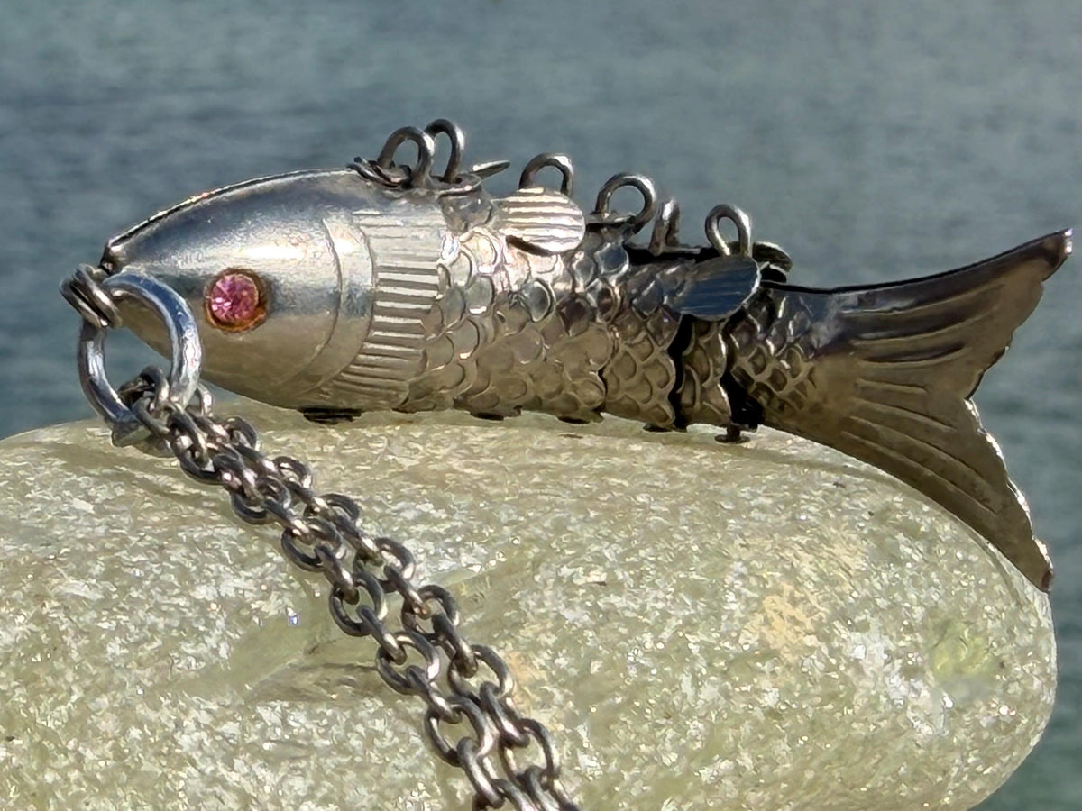 Articulated fish necklace. Vintage necklace, boho necklace, ethical jewellery, eco friendly necklace, gift for her, fish pendant for him