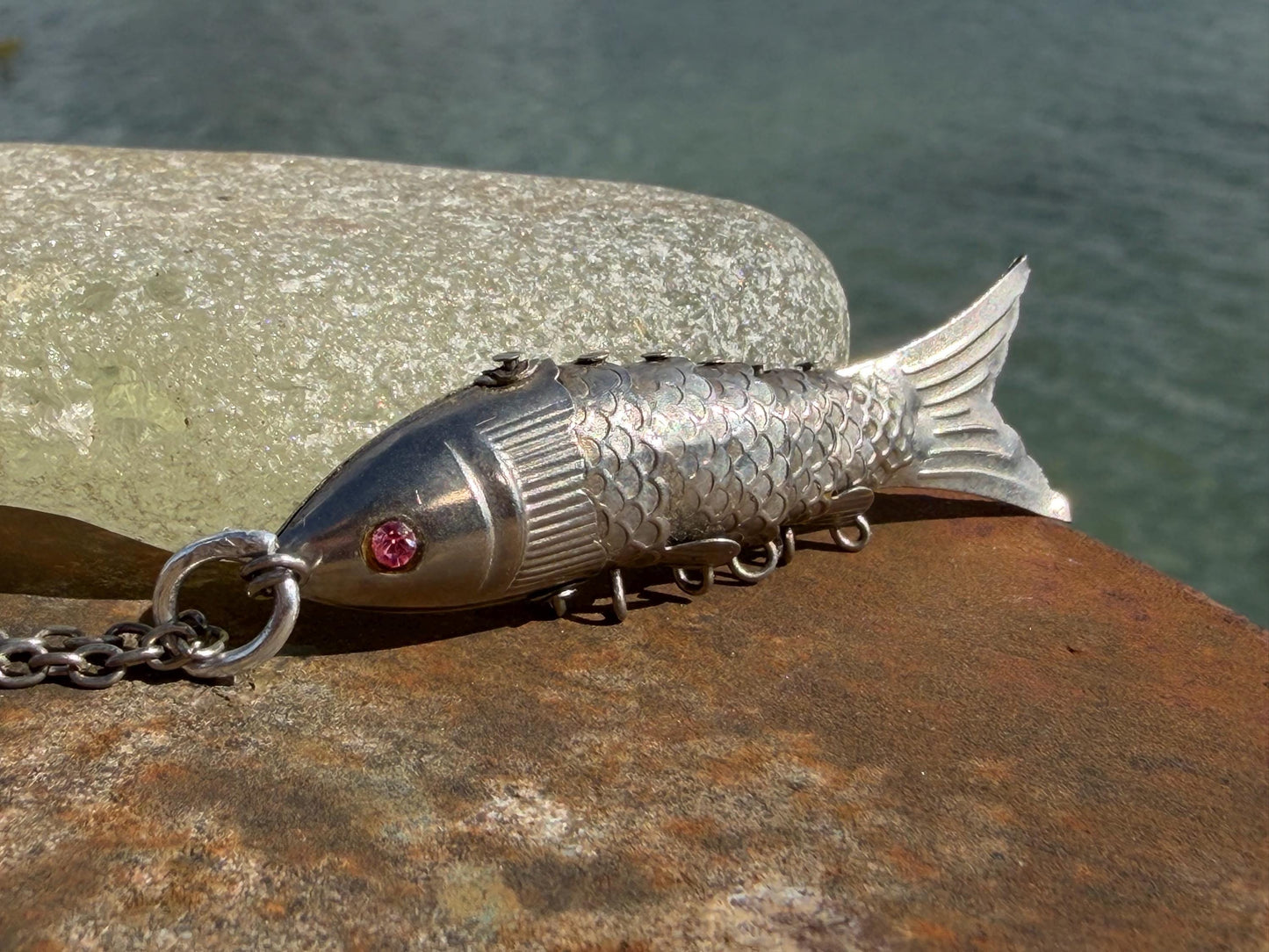 Articulated fish necklace. Vintage necklace, boho necklace, ethical jewellery, eco friendly necklace, gift for her, fish pendant for him