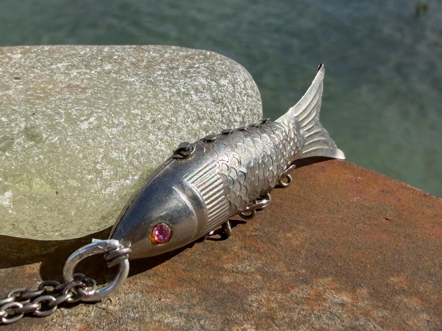 Articulated fish necklace. Vintage necklace, boho necklace, ethical jewellery, eco friendly necklace, gift for her, fish pendant for him