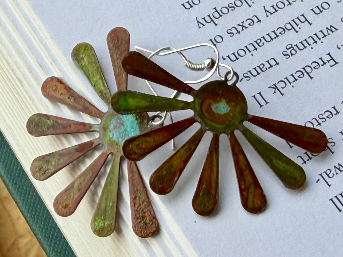 Handmade leaf earrings. Rustic earrings, unusual earrings, unusual gift for her, red earrings, boho earrings, patina jewellery, hippy gift