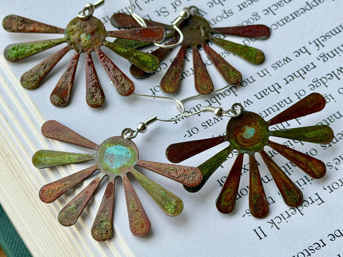 Handmade leaf earrings. Rustic earrings, unusual earrings, unusual gift for her, red earrings, boho earrings, patina jewellery, hippy gift