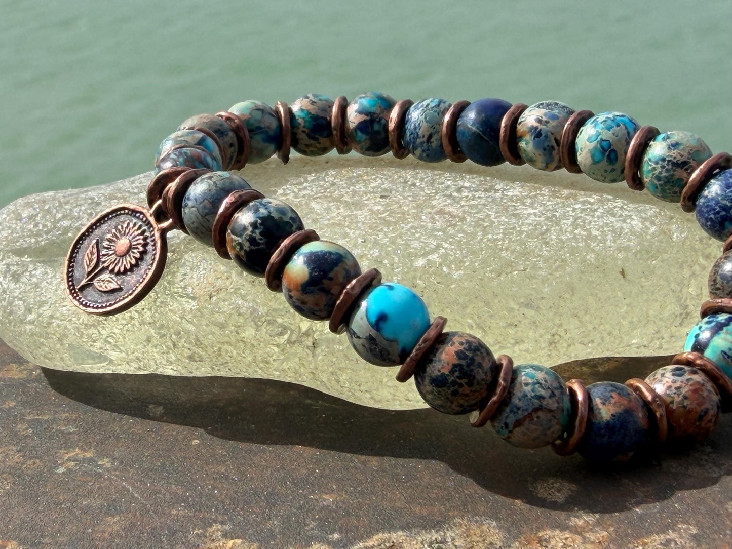 Ocean jasper gemstone bracelet, handmade gift for him or her. Ethical jewellery, handmade unique jewellery. Unusual gifts for women