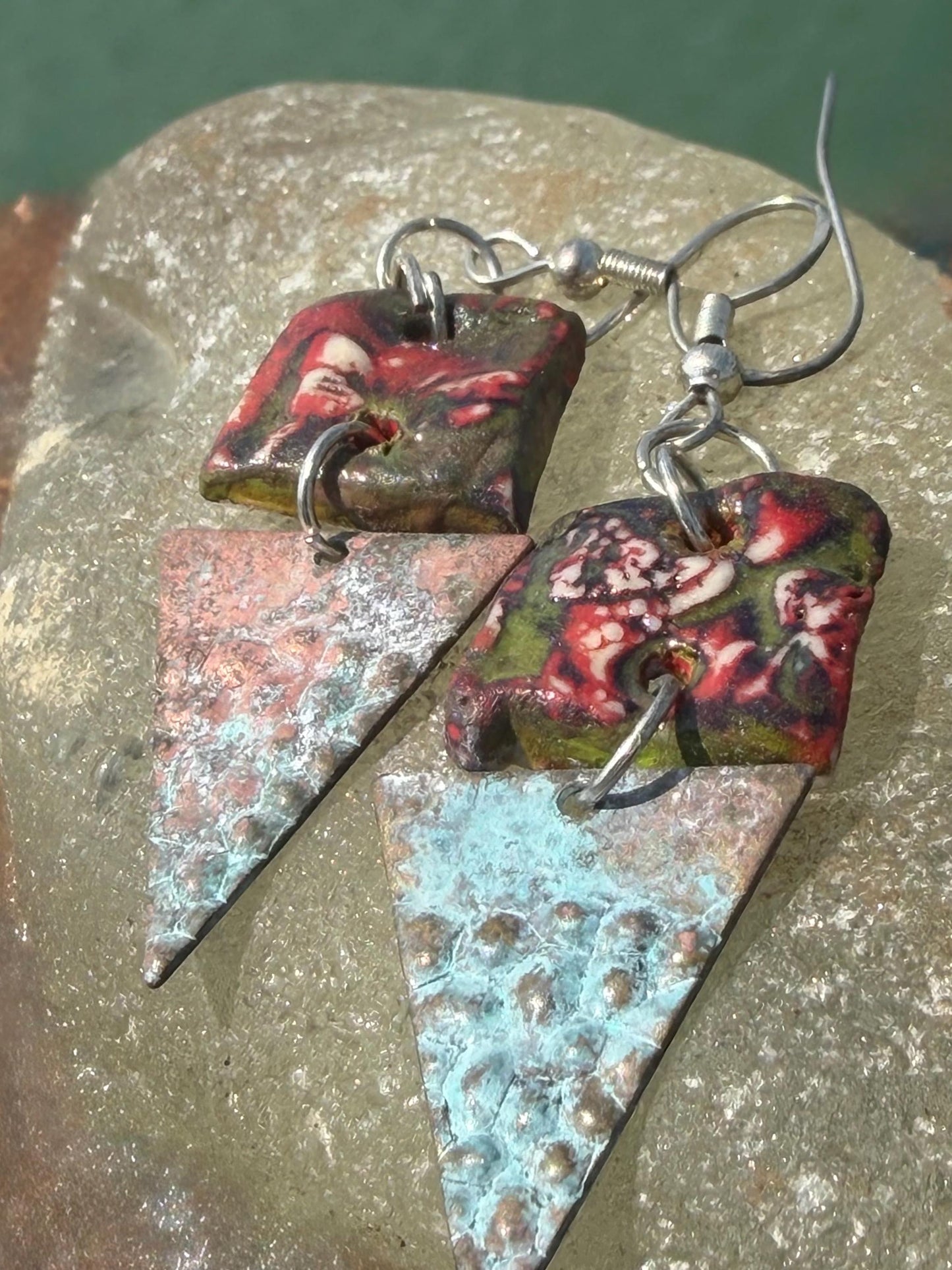 Handmade earrings using Sussex clay. Unique jewellery, ceramic earrings, boho jewellery, boho earrings, unique earrings, unique gift for her