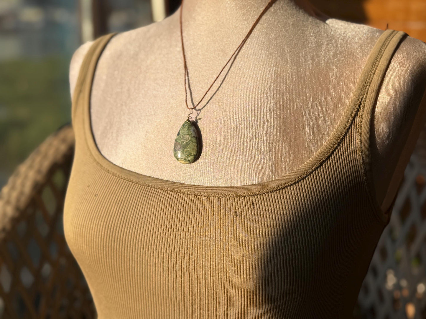 Stunning rhyolite necklace, ethical jewellery, bohemian necklace, unusual jewellery, unique gemstone pendant, green gemstone necklace