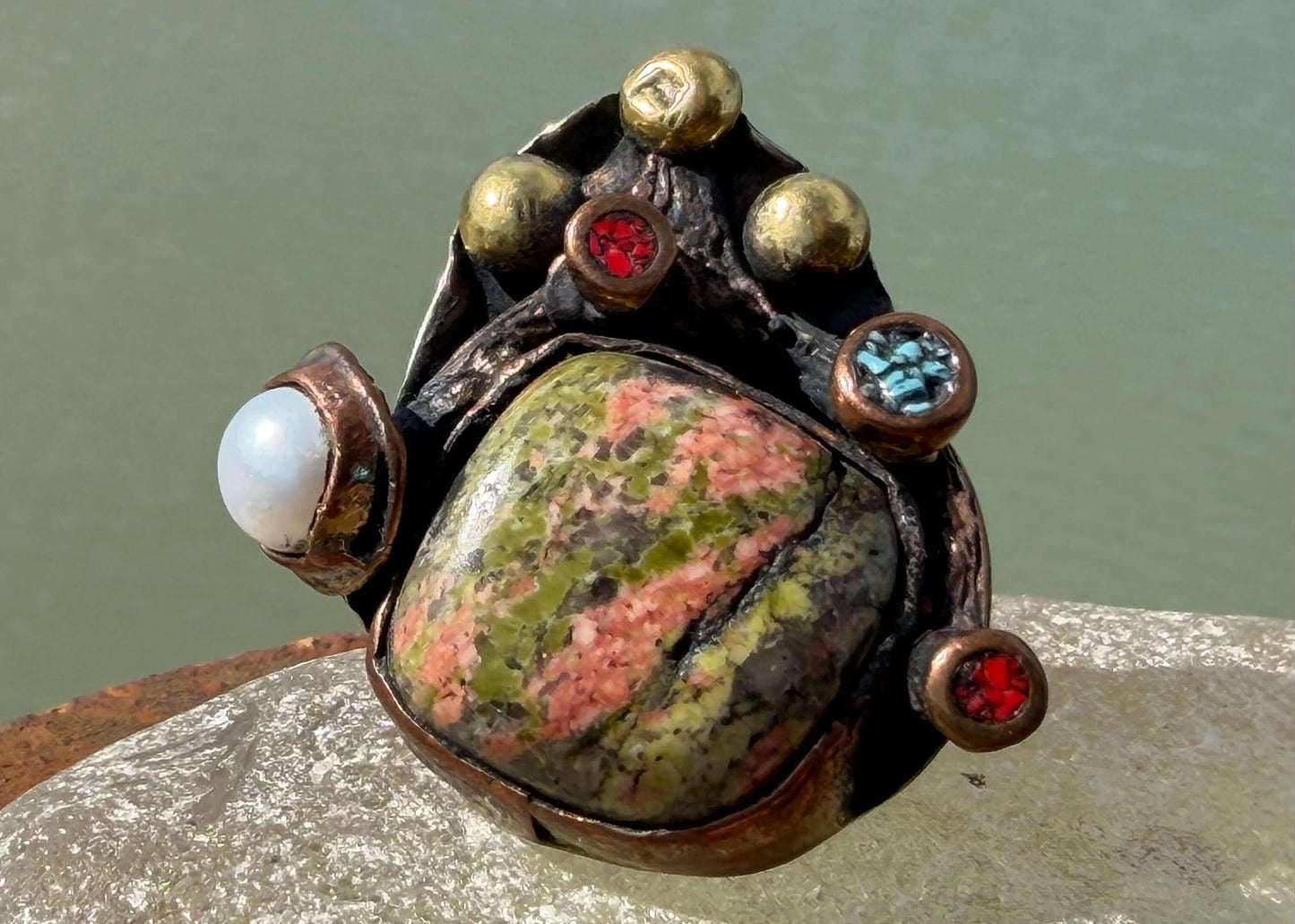 Unusual jasper ring. Very large gemstone ring on a brass base. Statement jewellery. Green ring. Unique jewellery. Handcrafted.