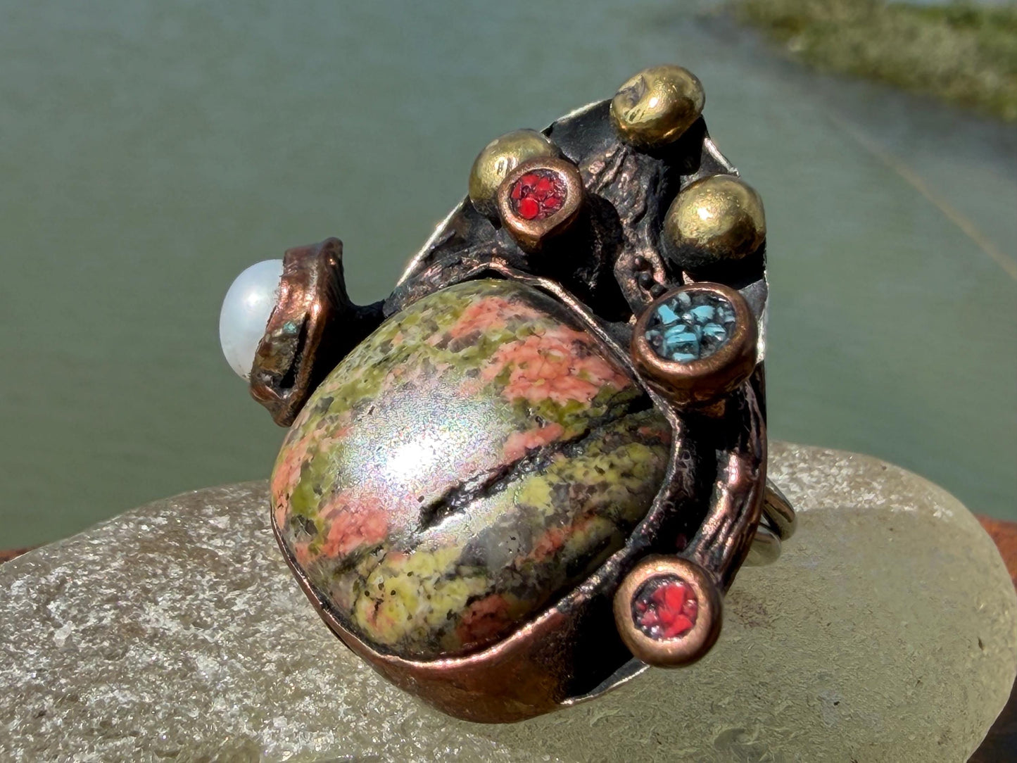 Unusual jasper ring. Very large gemstone ring on a brass base. Statement jewellery. Green ring. Unique jewellery. Handcrafted.