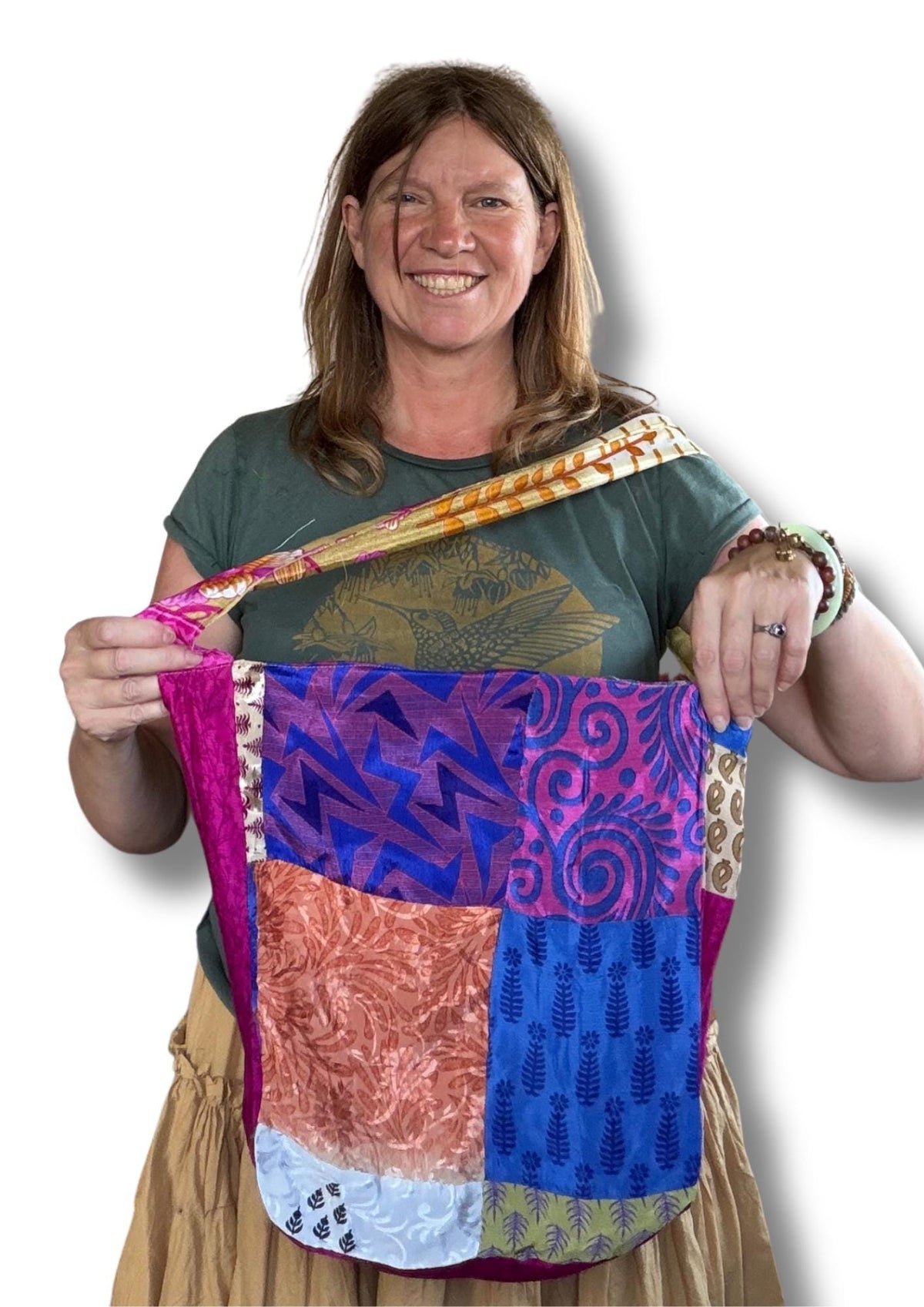 Large recycled sari bag with safety tie.  Ethical draw string bags. Bright colourful eco friendly bag. Recycled shopping bag. Eco gifts.