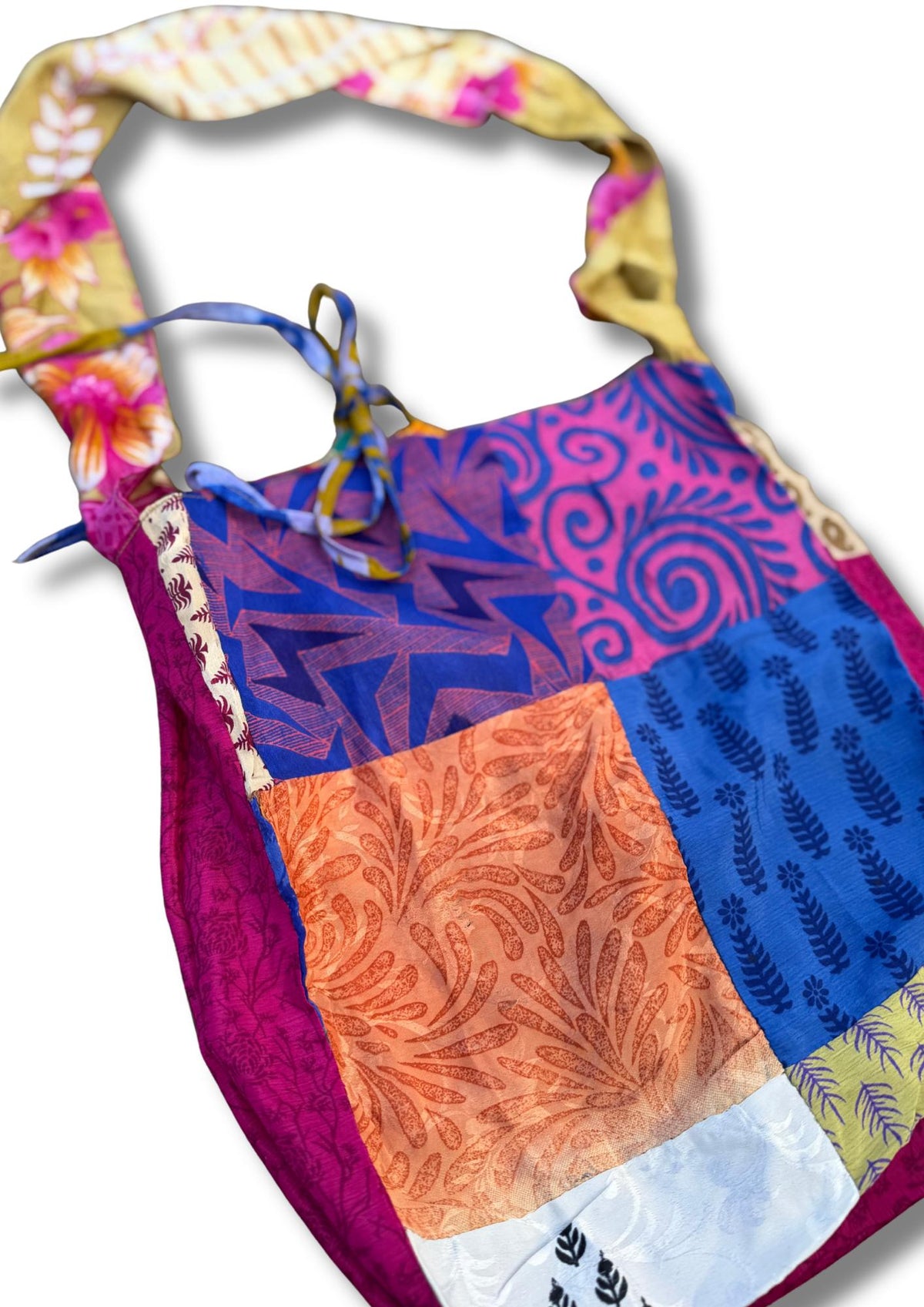 Large recycled sari bag with safety tie.  Ethical draw string bags. Bright colourful eco friendly bag. Recycled shopping bag. Eco gifts.