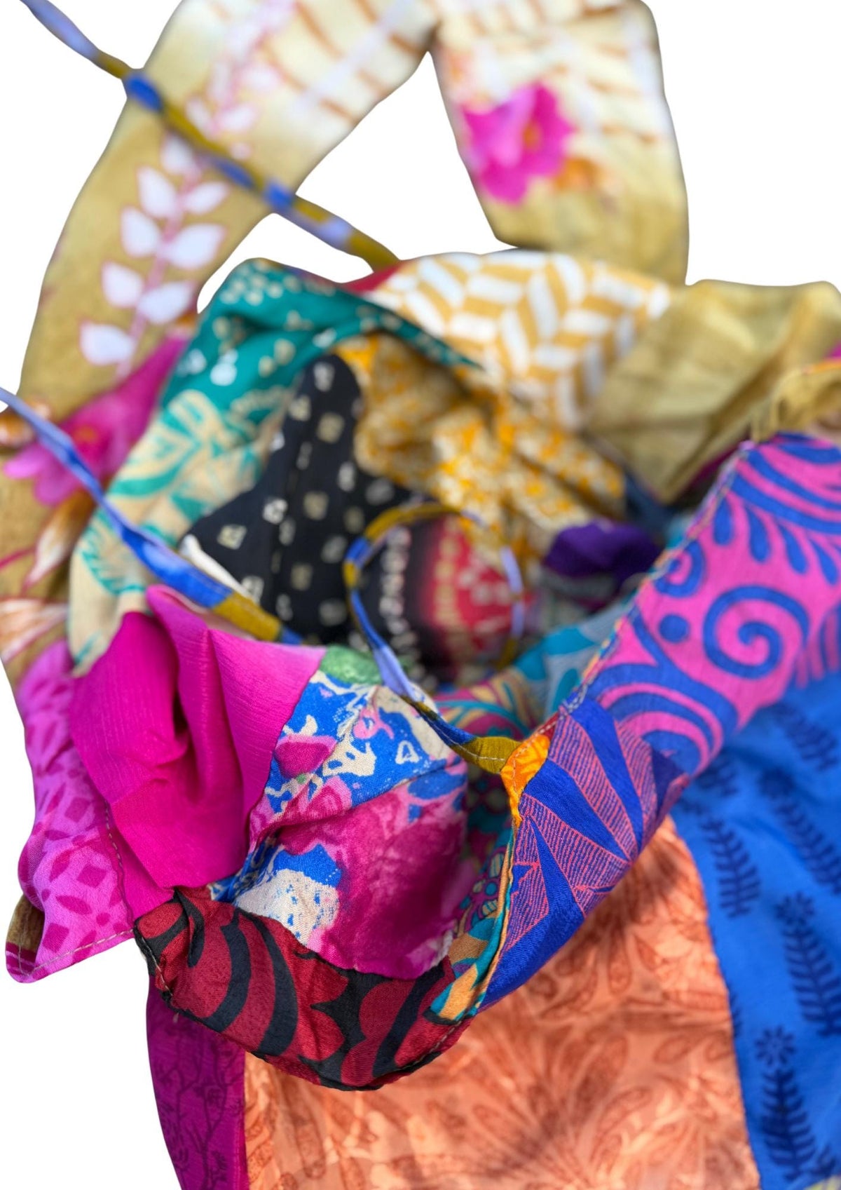 Large recycled sari bag with safety tie.  Ethical draw string bags. Bright colourful eco friendly bag. Recycled shopping bag. Eco gifts.