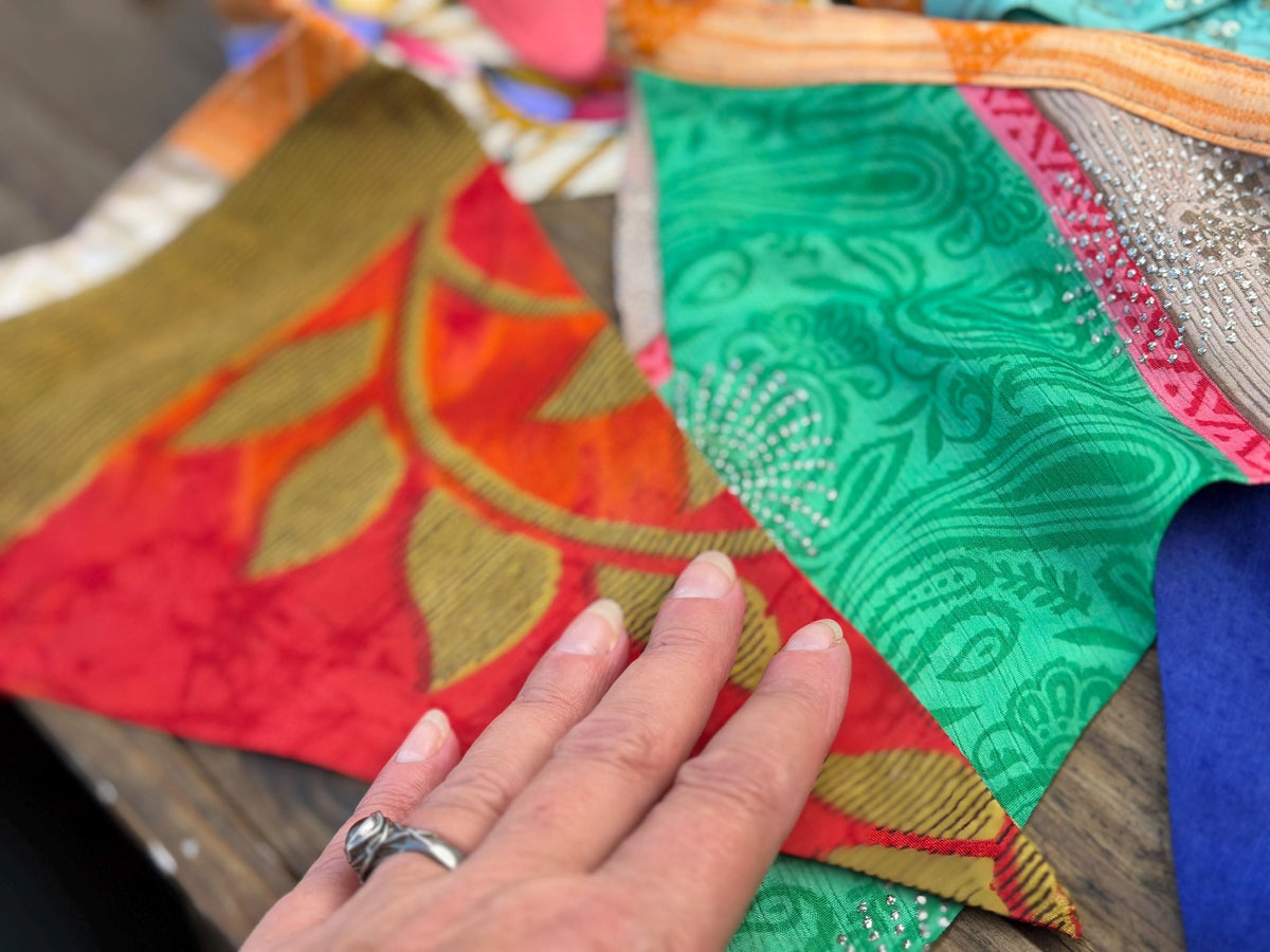 LONG MULTI-COLOURED bunting. Party decs, wedding bunting, recycled sari bunting.  Double length silk sari bunting. Eco friendly and handmade