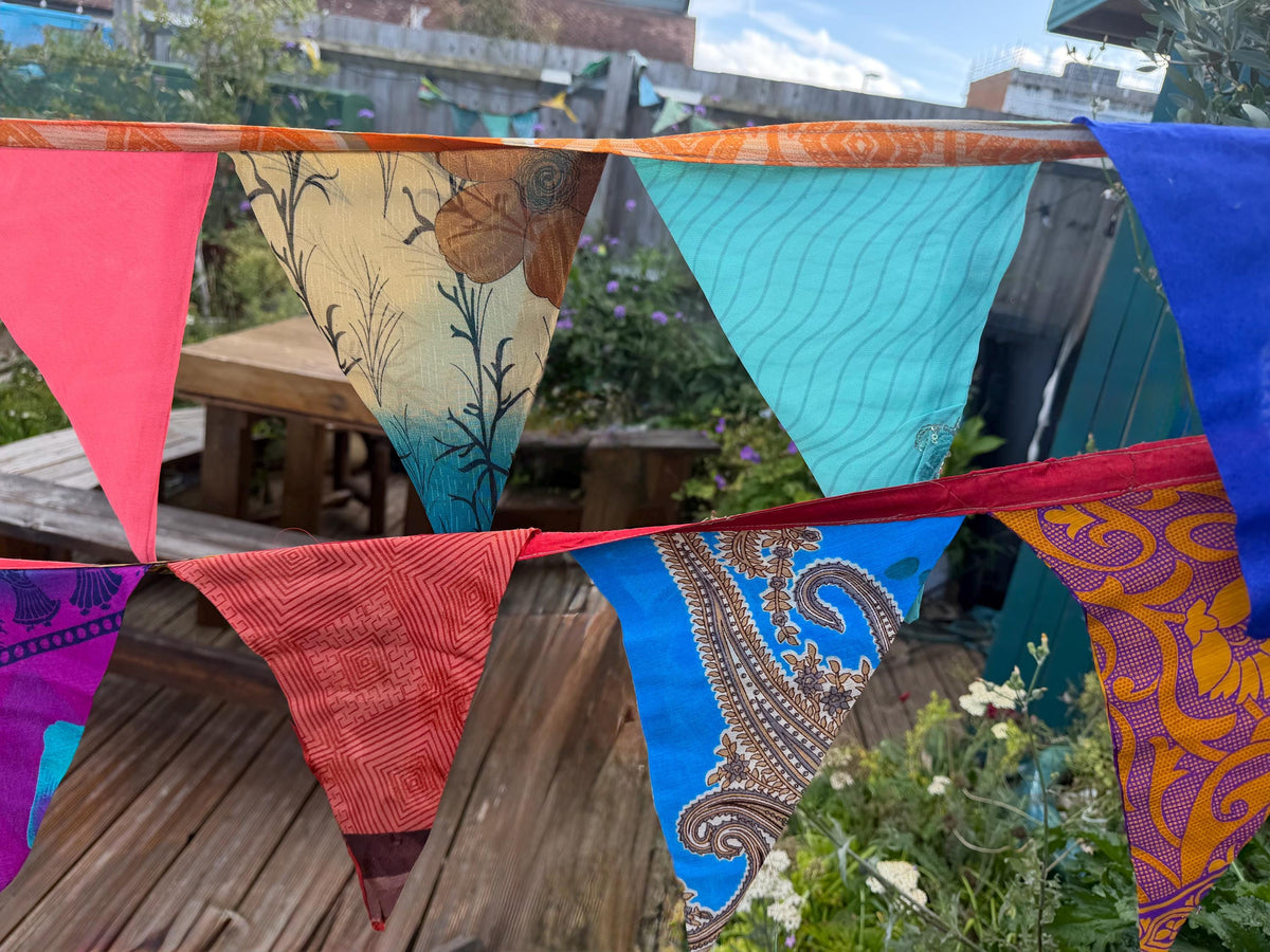 LONG MULTI-COLOURED bunting. Party decs, wedding bunting, recycled sari bunting.  Double length silk sari bunting. Eco friendly and handmade