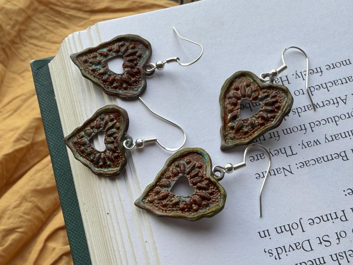Handmade heart earrings. Rustic earrings, unusual earrings, unusual gift for her, red earrings, boho earrings, heart jewellery, hippy gift