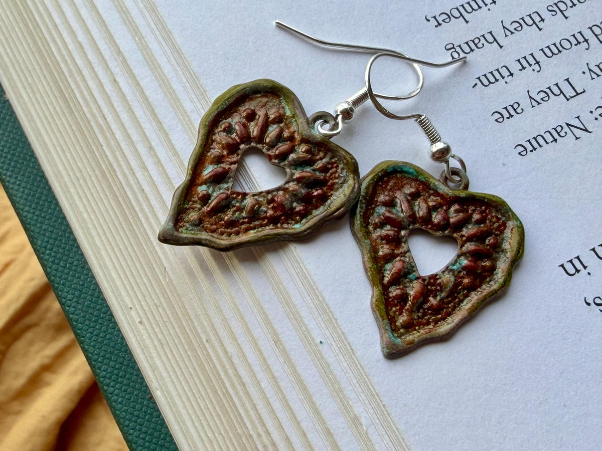 Handmade heart earrings. Rustic earrings, unusual earrings, unusual gift for her, red earrings, boho earrings, heart jewellery, hippy gift