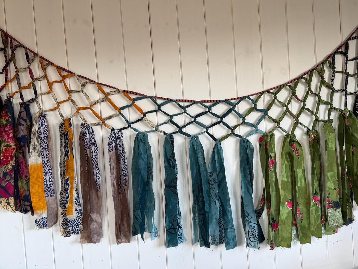 Beautiful recycled room decoration. Eco friendly wall hanging. Yurt decoration. Yoga room. Ethical home decor. Recycled sari wall art.