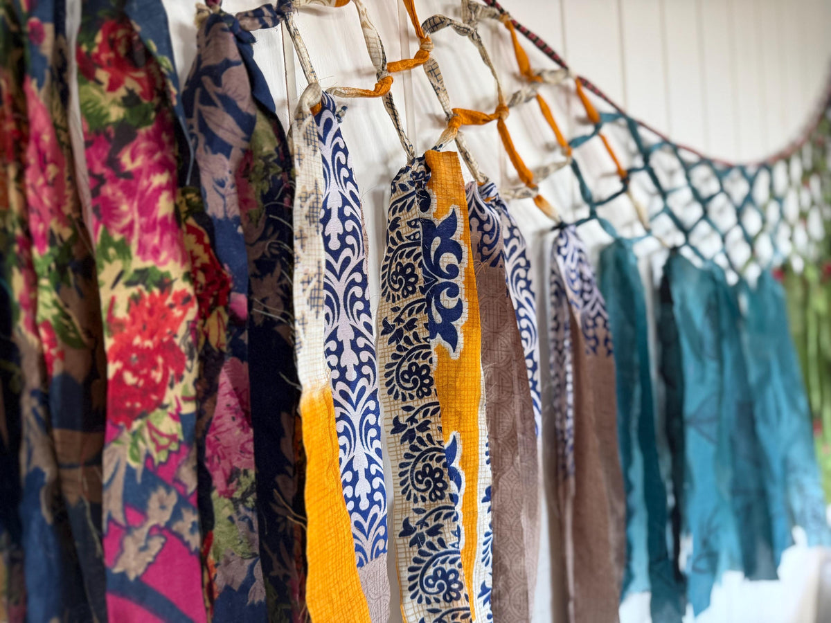 Beautiful recycled room decoration. Eco friendly wall hanging. Yurt decoration. Yoga room. Ethical home decor. Recycled sari wall art.