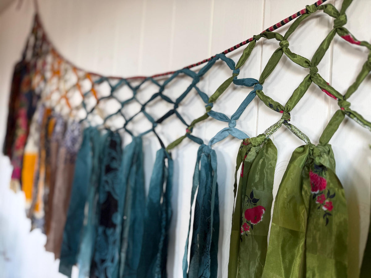 Beautiful recycled room decoration. Eco friendly wall hanging. Yurt decoration. Yoga room. Ethical home decor. Recycled sari wall art.