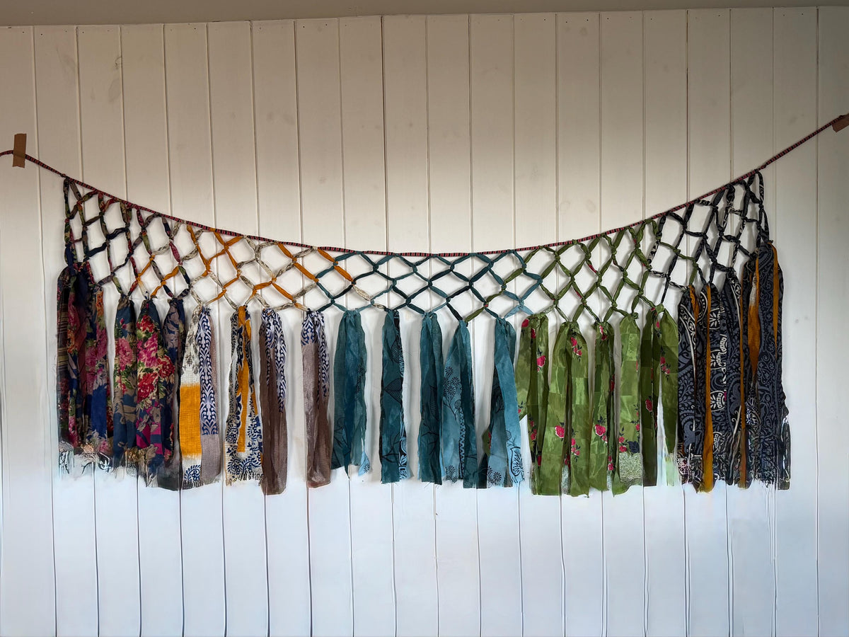 Beautiful recycled room decoration. Eco friendly wall hanging. Yurt decoration. Yoga room. Ethical home decor. Recycled sari wall art.