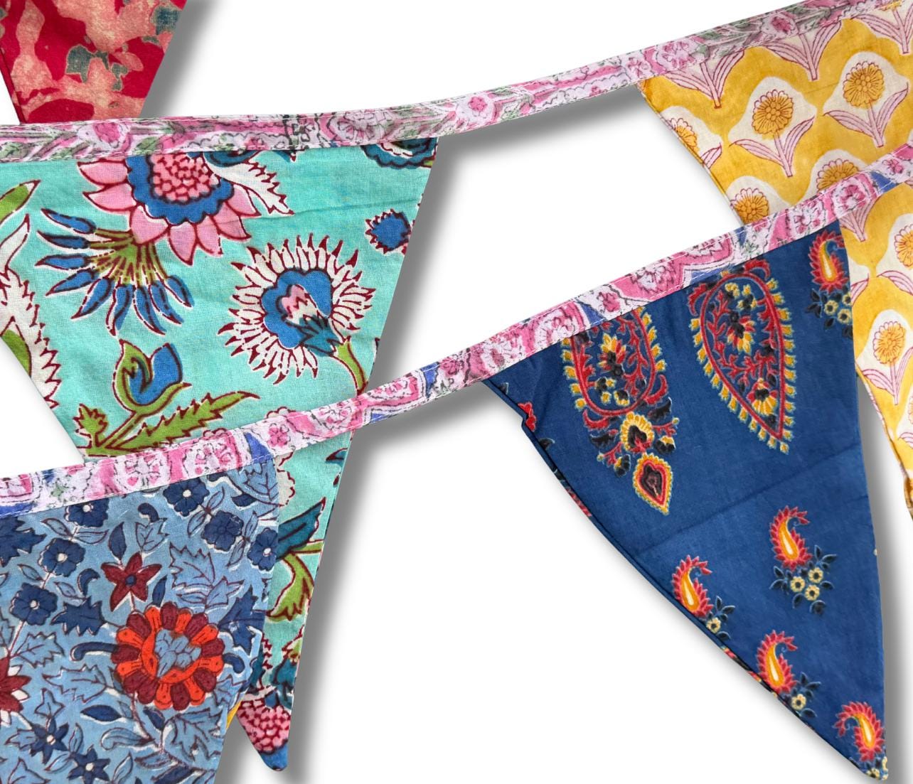 Colourful organic cotton bunting with long ties. Boho bunting for home, garden and parties. Party flags. Wedding bunting. Garden parties.