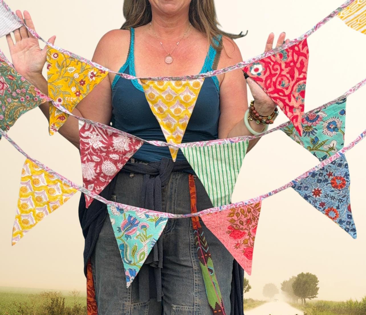 Colourful organic cotton bunting with long ties. Boho bunting for home, garden and parties. Party flags. Wedding bunting. Garden parties.