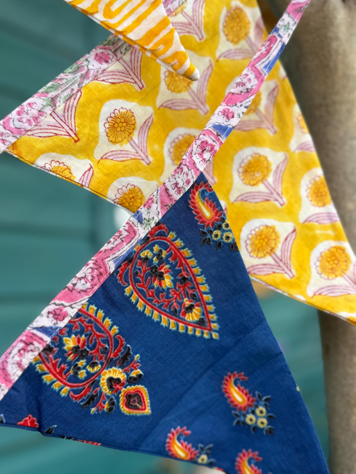 Colourful organic cotton bunting with long ties. Boho bunting for home, garden and parties. Party flags. Wedding bunting. Garden parties.