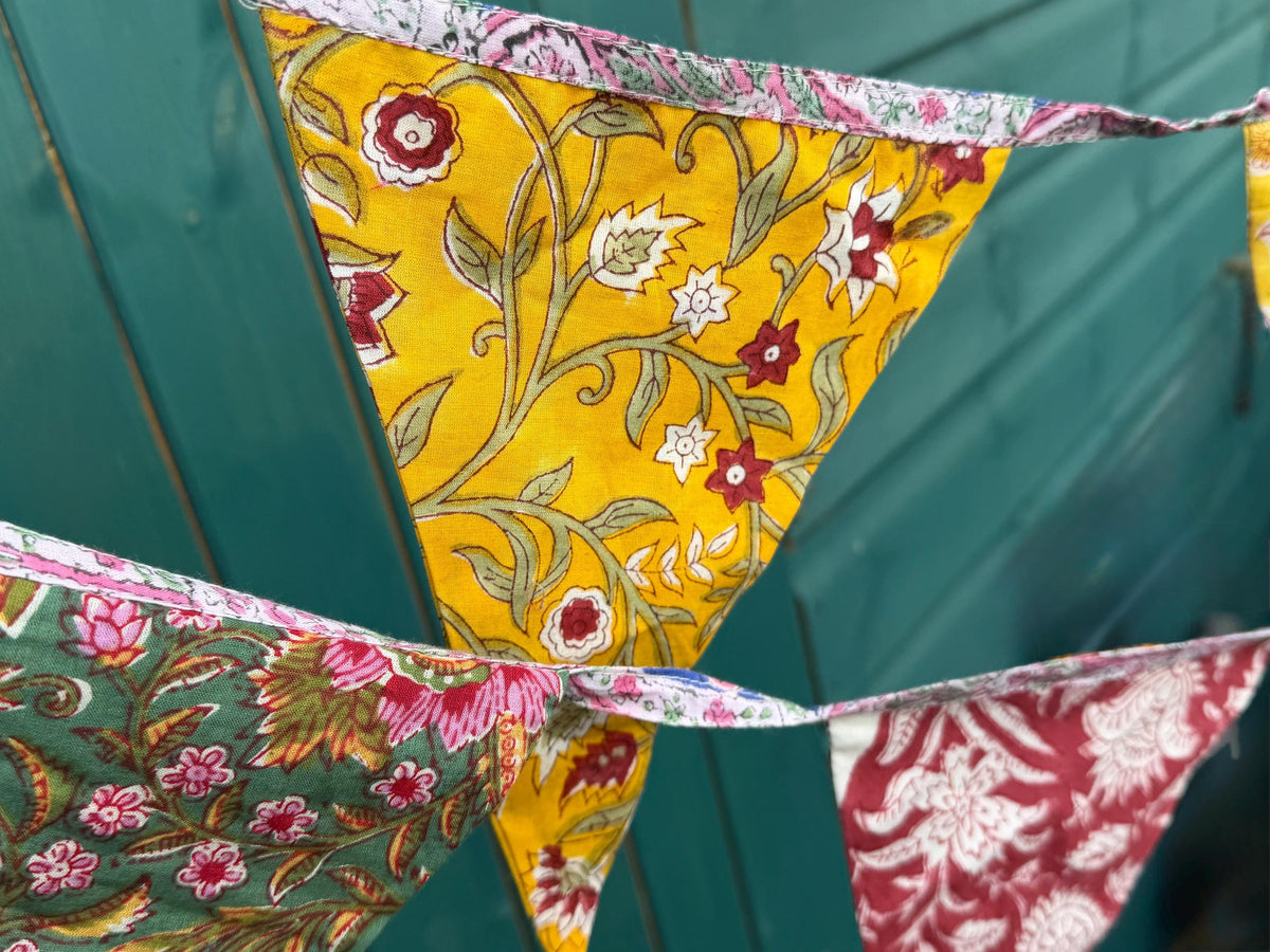 Colourful organic cotton bunting with long ties. Boho bunting for home, garden and parties. Party flags. Wedding bunting. Garden parties.