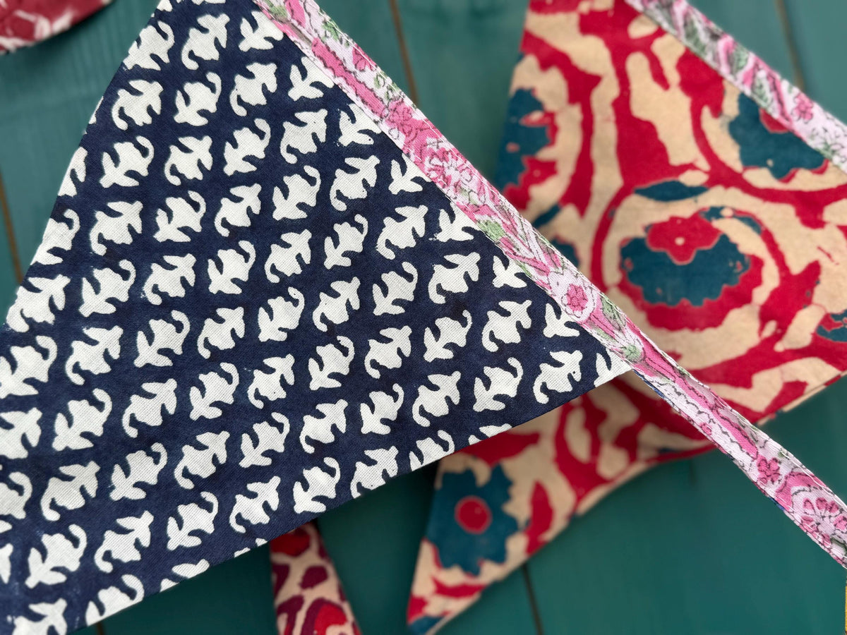 Colourful organic cotton bunting with long ties. Boho bunting for home, garden and parties. Party flags. Wedding bunting. Garden parties.