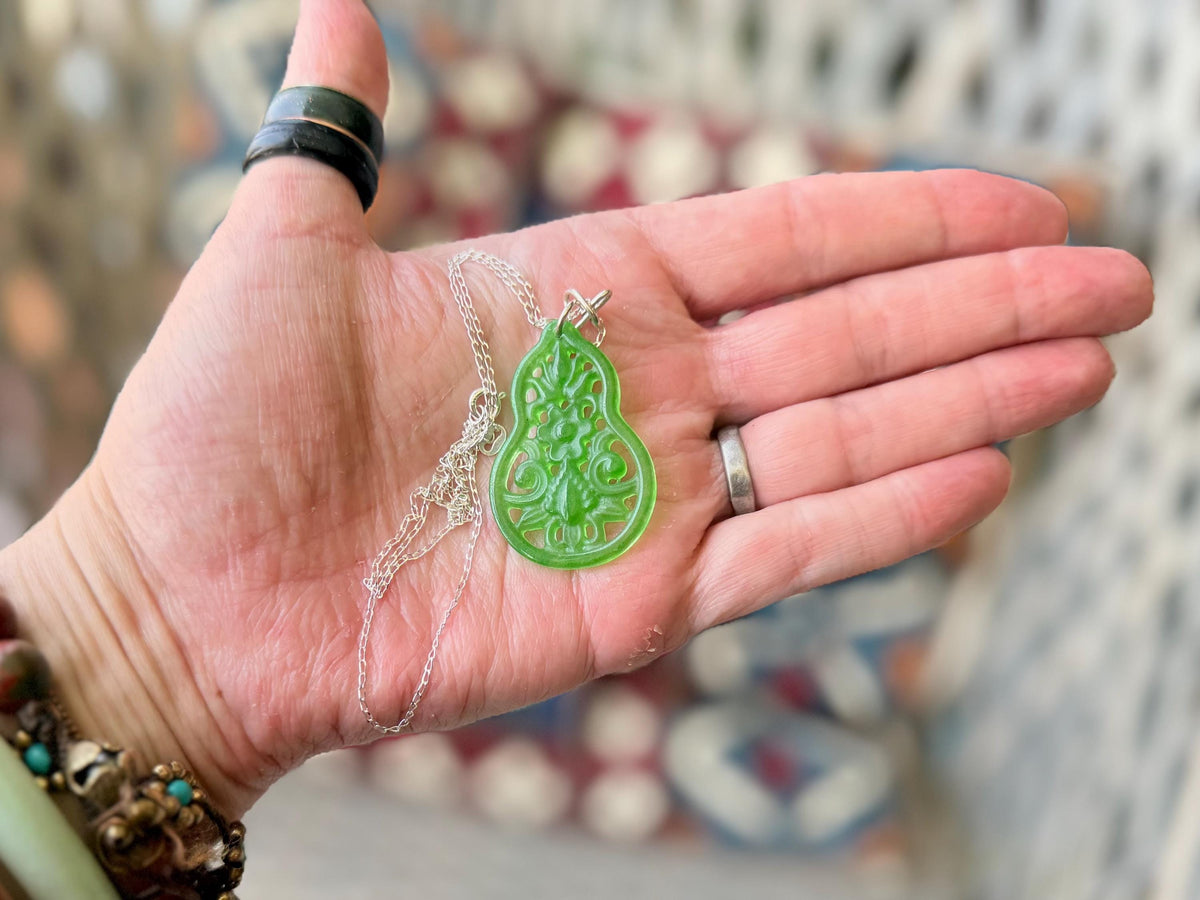 Carved jade necklace. Jade pendant. Unusual green gemstone necklace. Boho jewellery. Handmade jade jewellery.