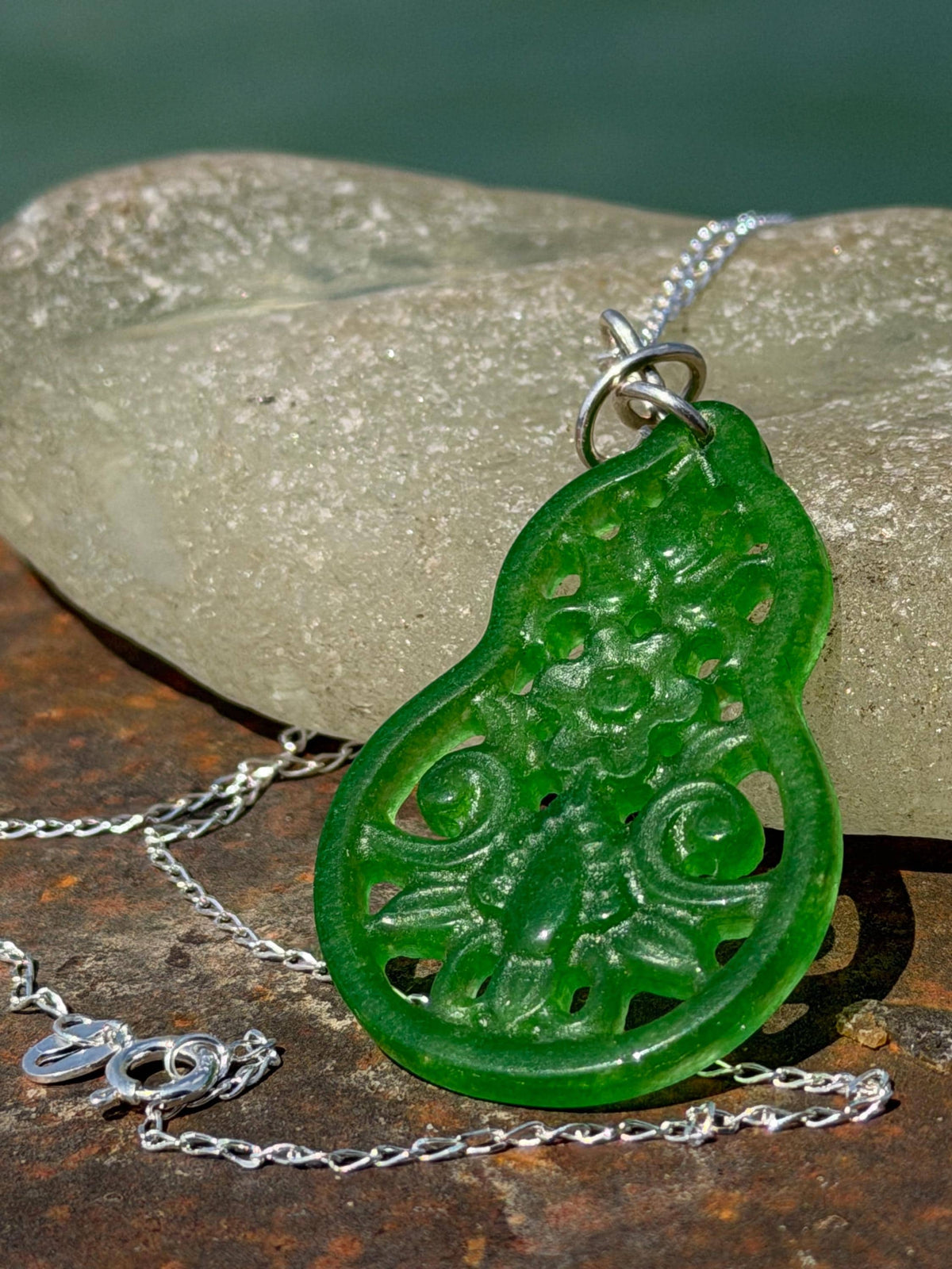 Carved jade necklace. Jade pendant. Unusual green gemstone necklace. Boho jewellery. Handmade jade jewellery.