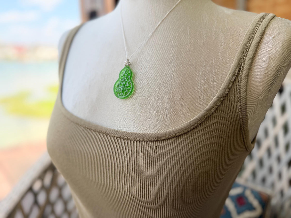 Carved jade necklace. Jade pendant. Unusual green gemstone necklace. Boho jewellery. Handmade jade jewellery.