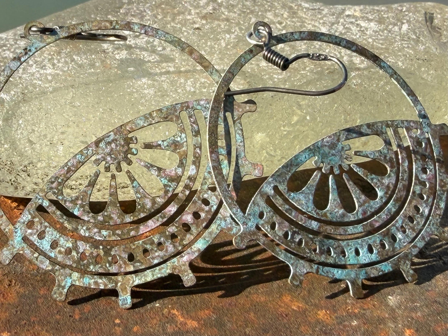Handmade patina earrings. Rustic earrings, unusual earrings, unusual gift for her, blue earrings, boho earrings, patina jewellery. Hoops.