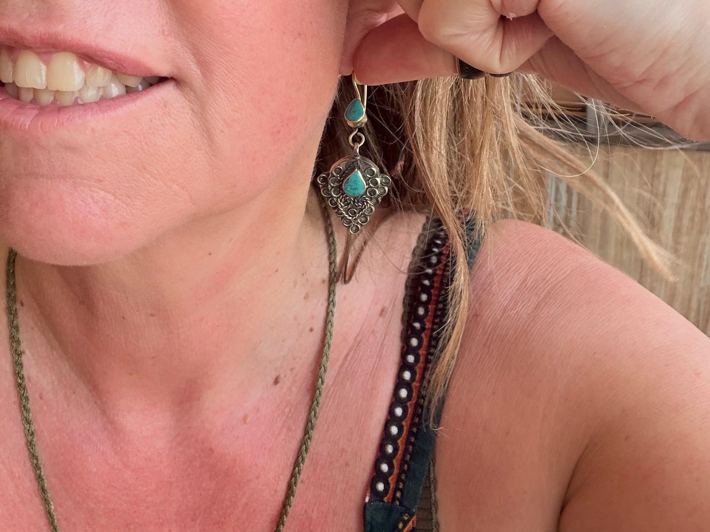 Vintage turquoise earrings, turquoise jewellery, ethical jewellery, gypsy earrings. Eco friendly jewellery. Ethical jewellery.