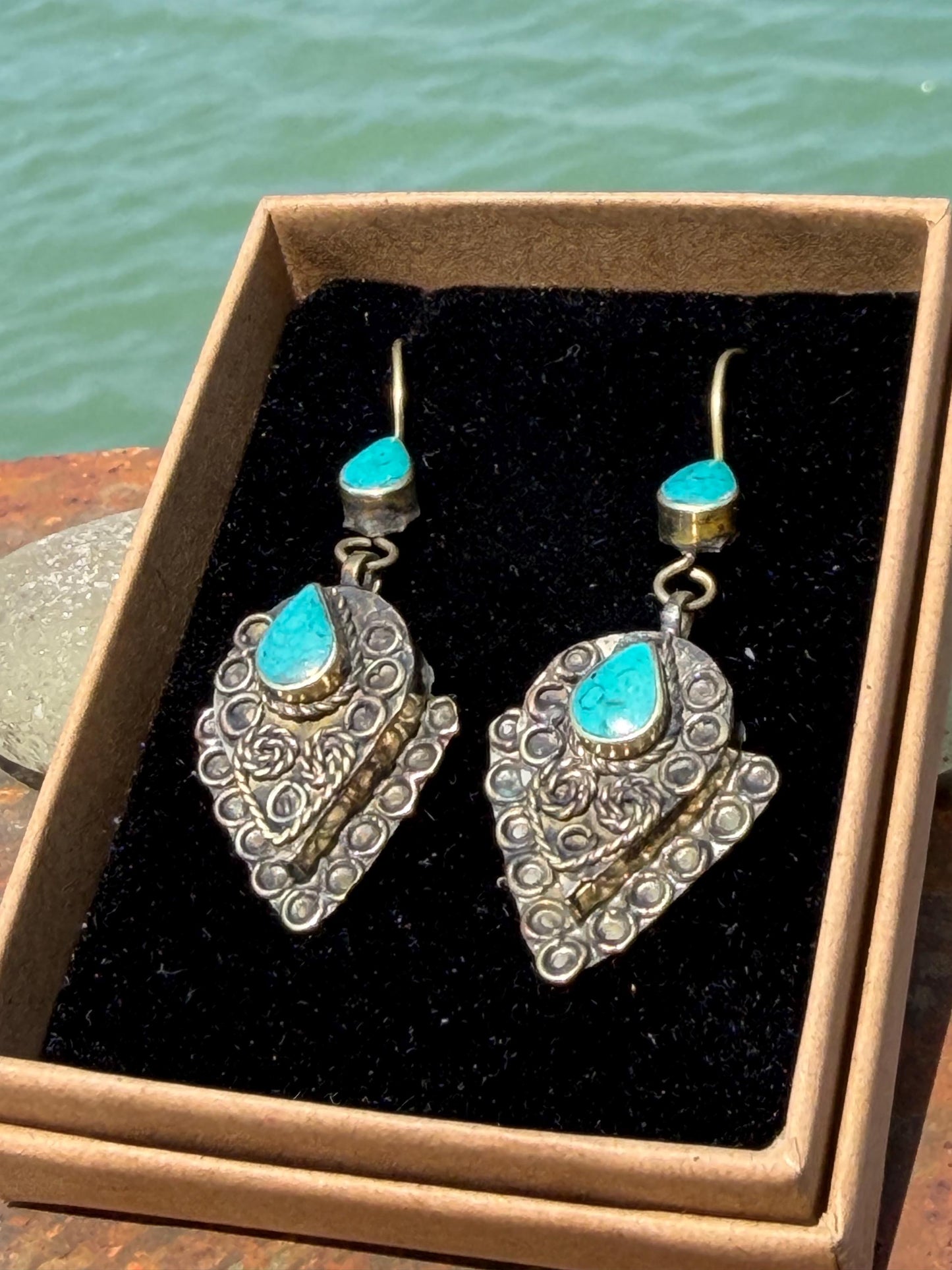 Vintage turquoise earrings, turquoise jewellery, ethical jewellery, gypsy earrings. Eco friendly jewellery. Ethical jewellery.