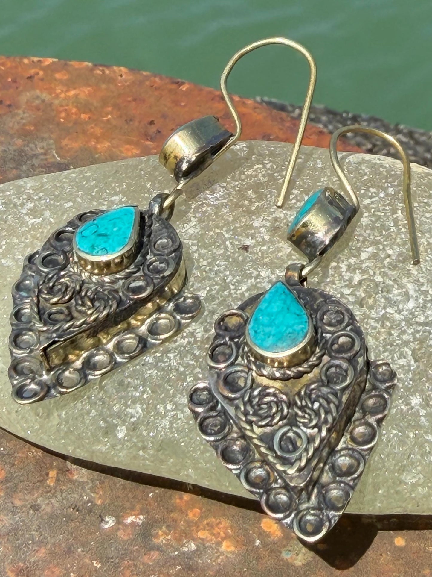 Vintage turquoise earrings, turquoise jewellery, ethical jewellery, gypsy earrings. Eco friendly jewellery. Ethical jewellery.