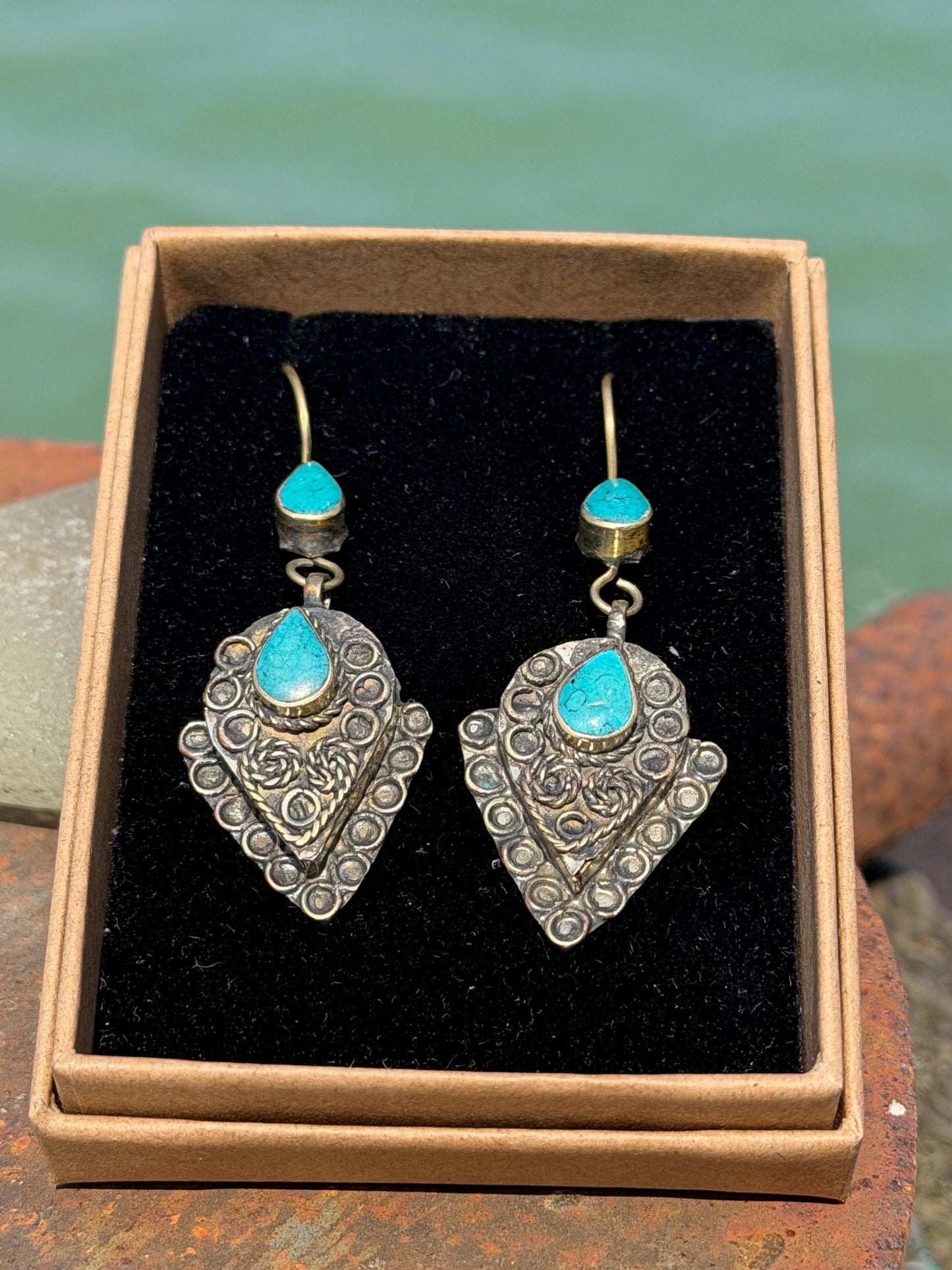 Vintage turquoise earrings, turquoise jewellery, ethical jewellery, gypsy earrings. Eco friendly jewellery. Ethical jewellery.