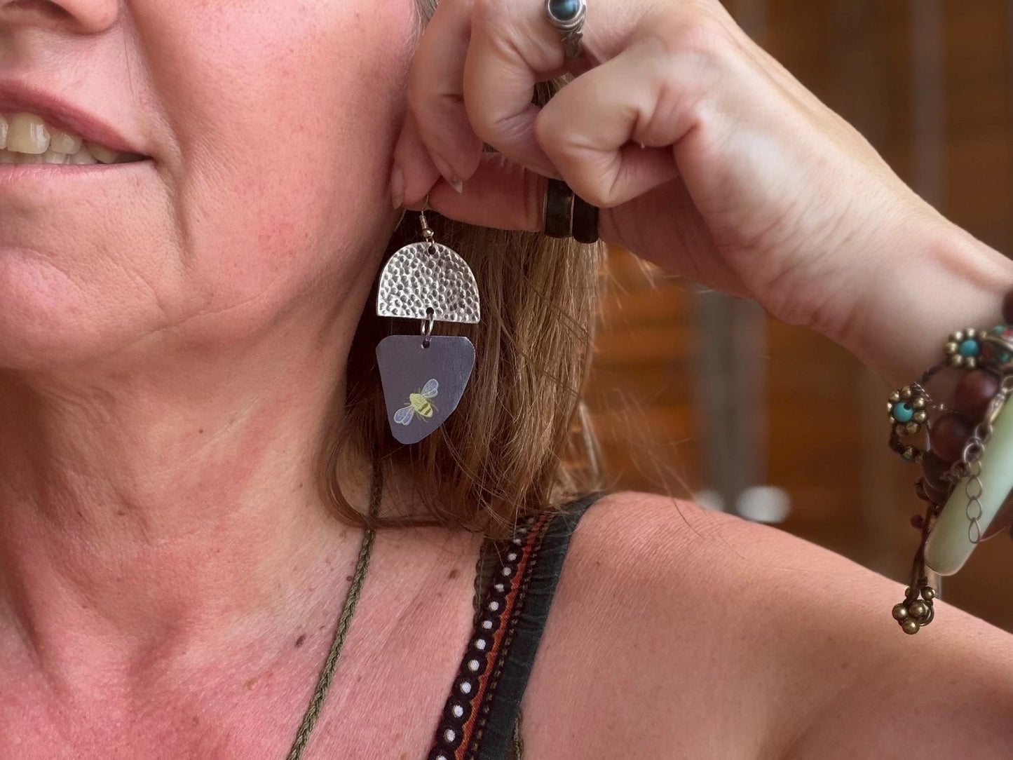 Bee earrings.  Bee jewellery, boho jewellery, ethical earrings, unique earrings, eco friendly jewellery, gift for her, ethical jewellery