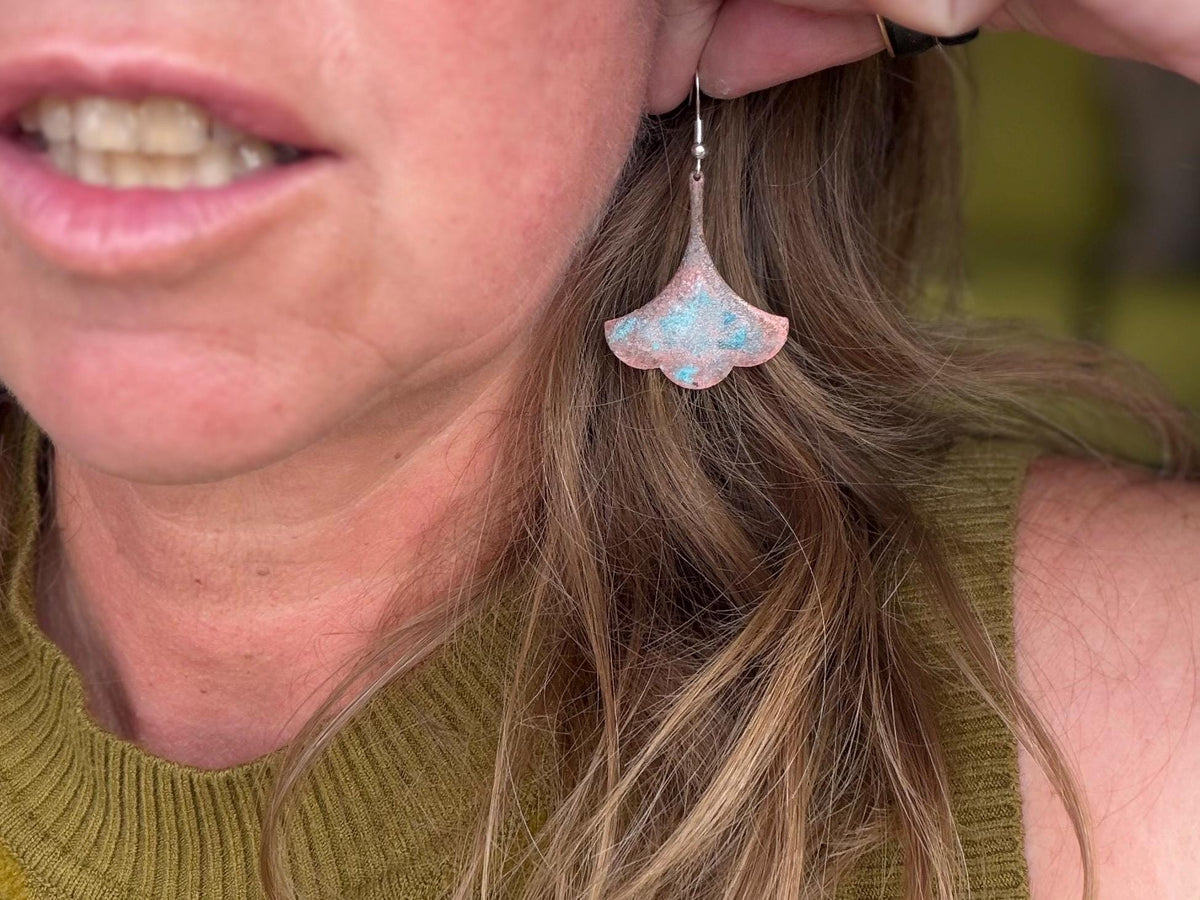 Handmade leaf earrings. Rustic earrings, unusual earrings, unusual gift for her, blue earrings, boho earrings, leaf jewellery, hippy gift