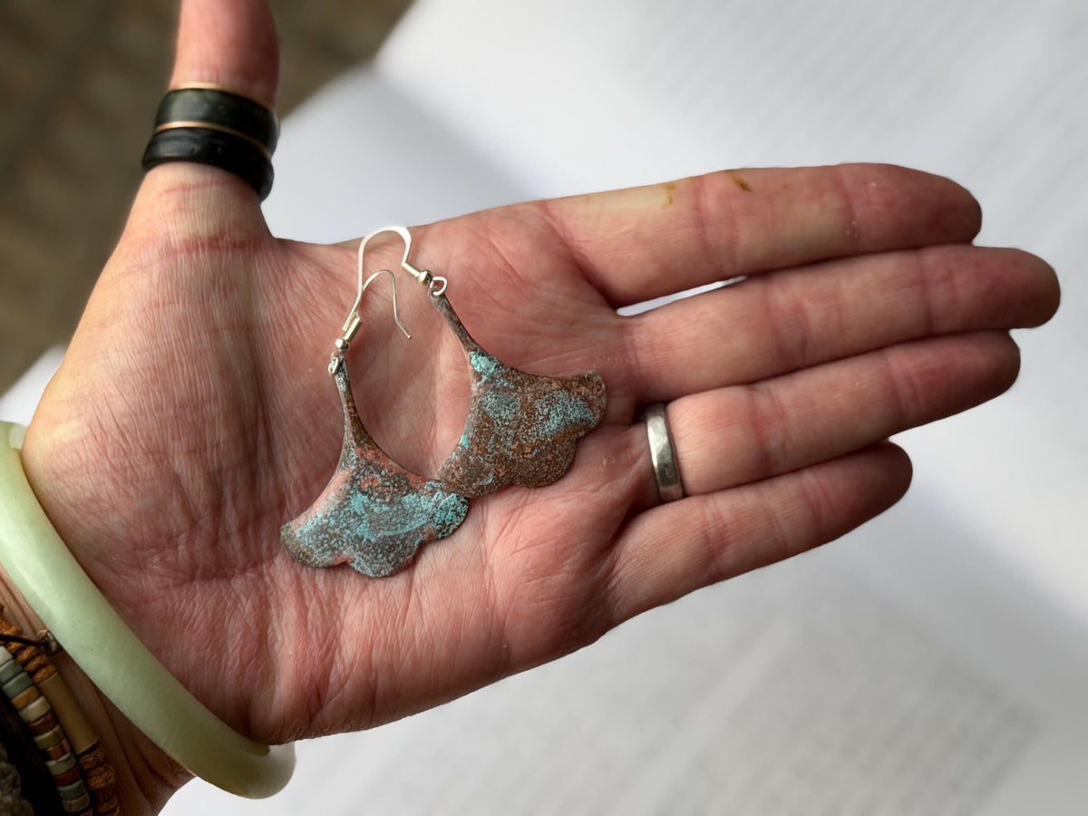 Handmade leaf earrings. Rustic earrings, unusual earrings, unusual gift for her, blue earrings, boho earrings, leaf jewellery, hippy gift