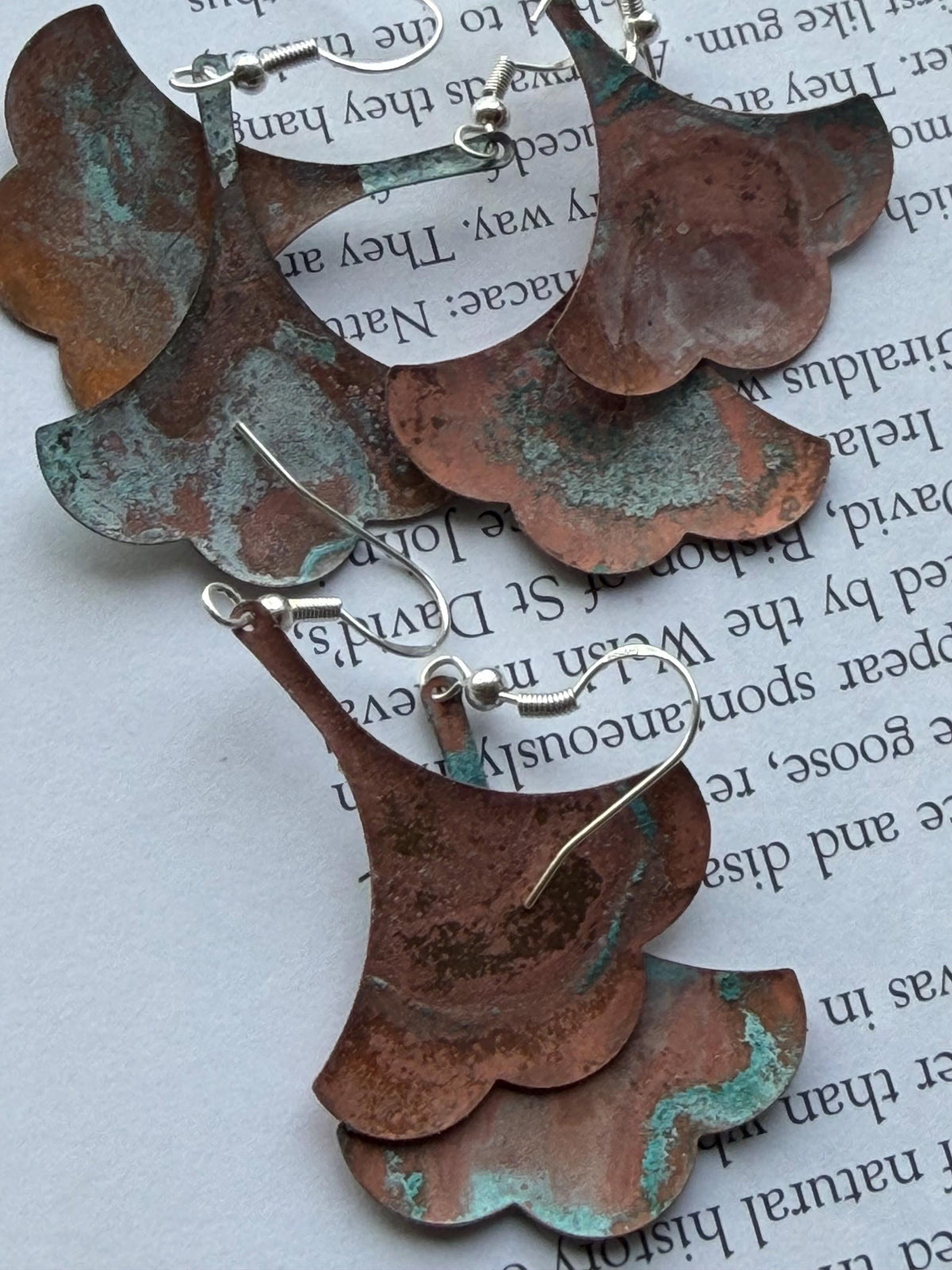 Handmade leaf earrings. Rustic earrings, unusual earrings, unusual gift for her, blue earrings, boho earrings, leaf jewellery, hippy gift