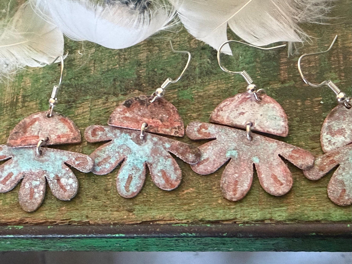 Handmade flower earrings. Rustic earrings, unusual earrings, unusual gift for her, blue earrings, boho earrings, leaf jewellery, hippy gift