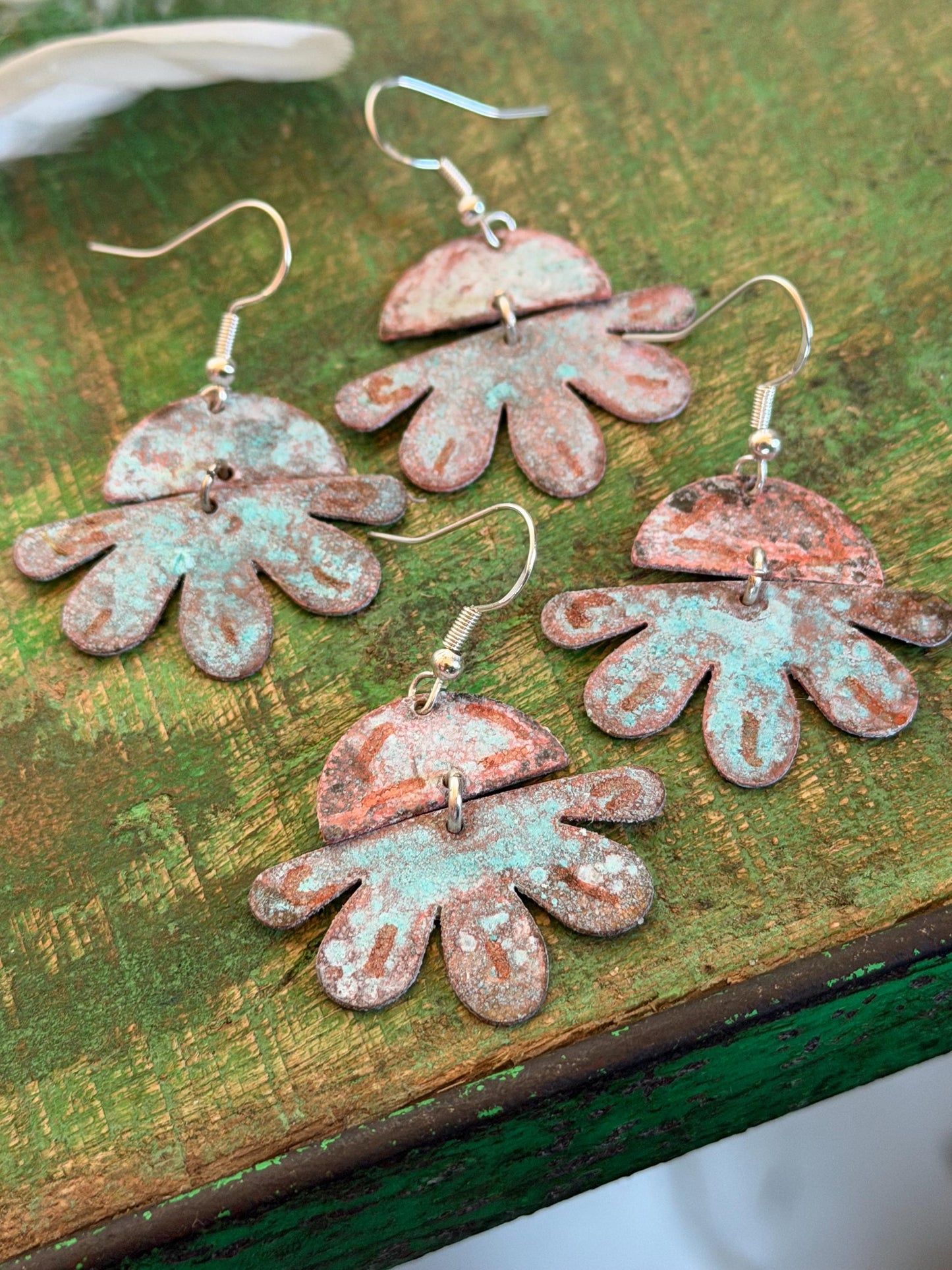 Handmade flower earrings. Rustic earrings, unusual earrings, unusual gift for her, blue earrings, boho earrings, leaf jewellery, hippy gift