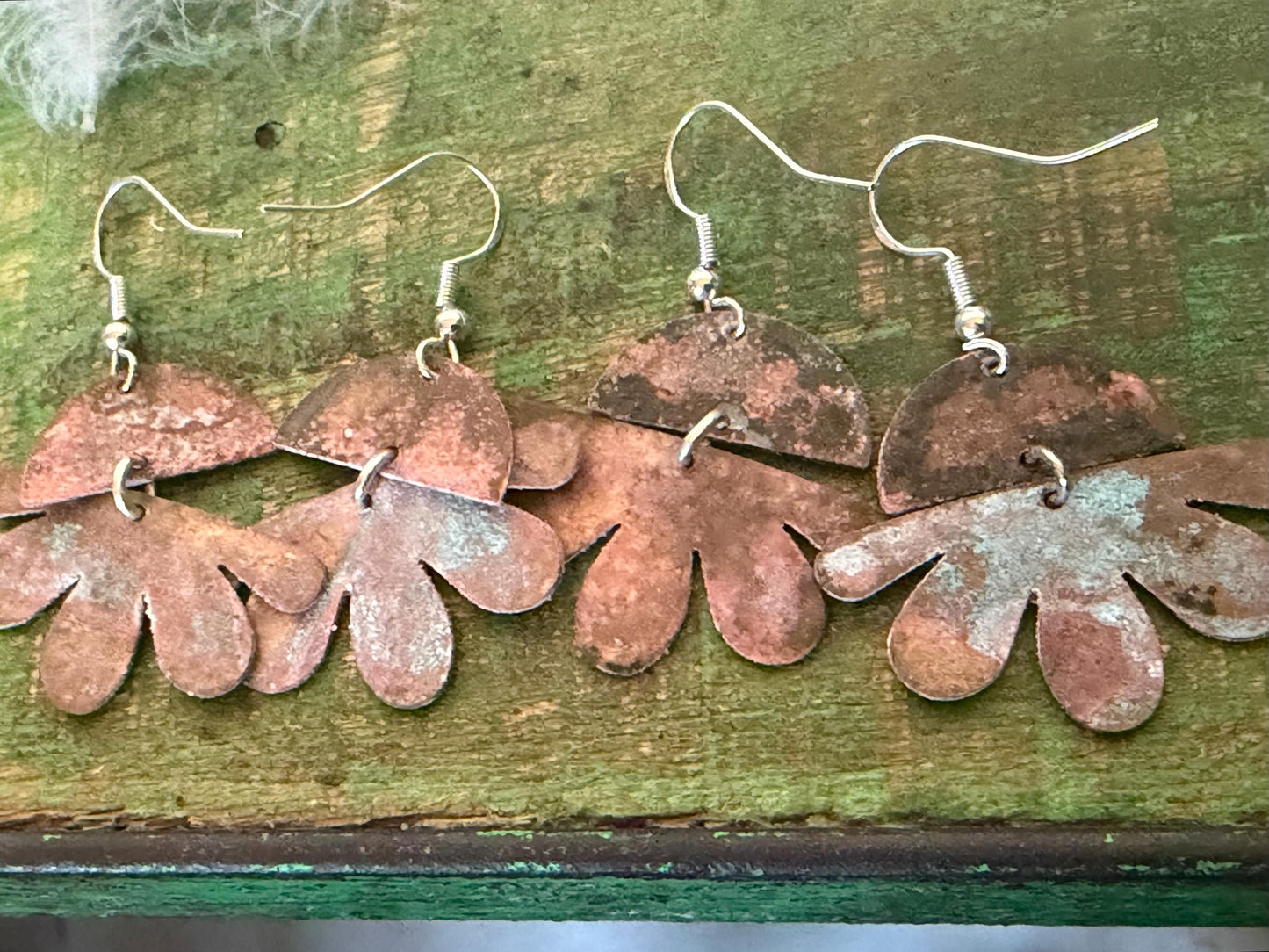 Handmade flower earrings. Rustic earrings, unusual earrings, unusual gift for her, blue earrings, boho earrings, leaf jewellery, hippy gift