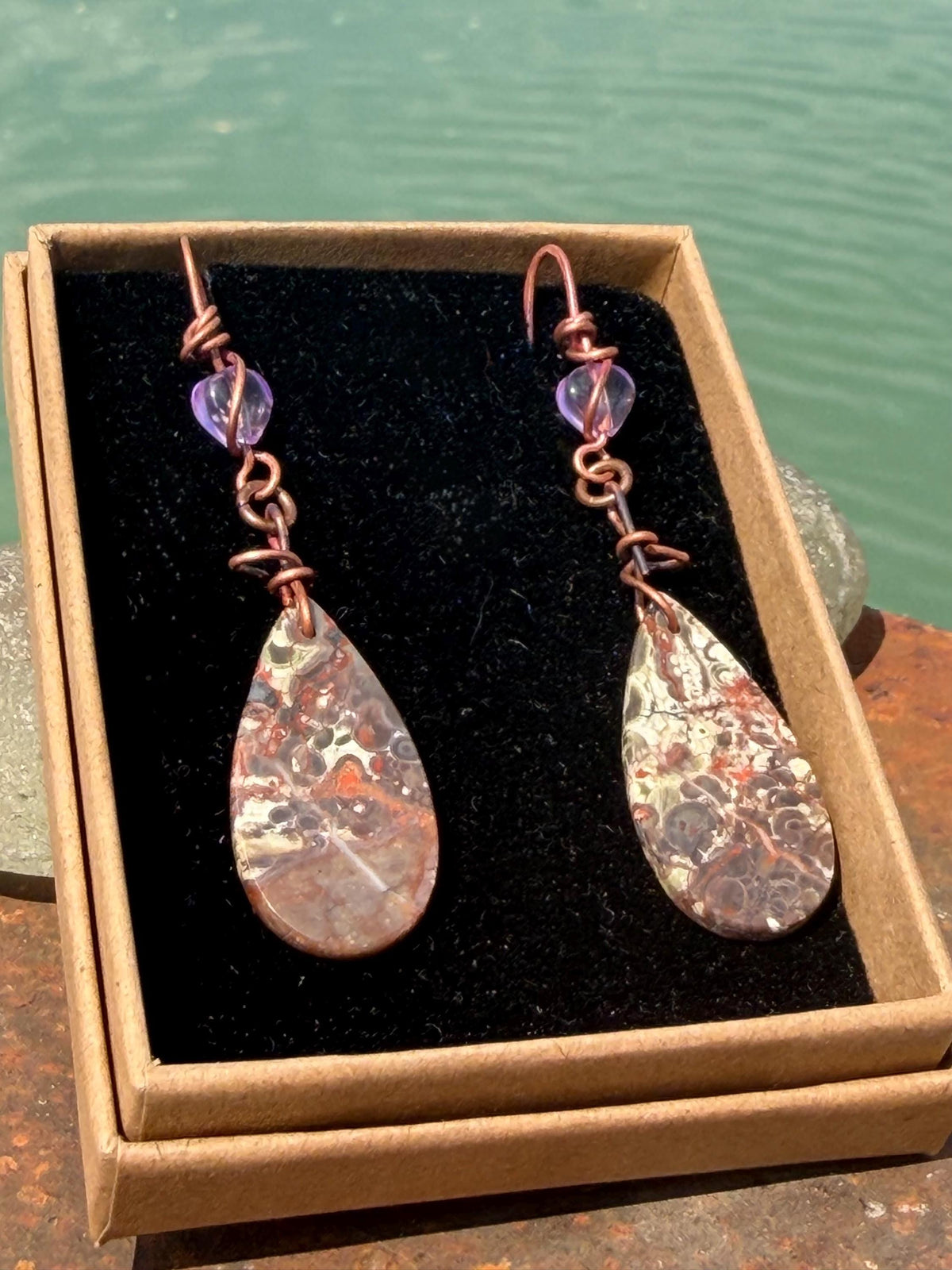 Picasso jasper gemstone earrings. Ethical jewellery, orange gemstone earrings. Stunning unique jewellery. Eco friendly unique earrings.